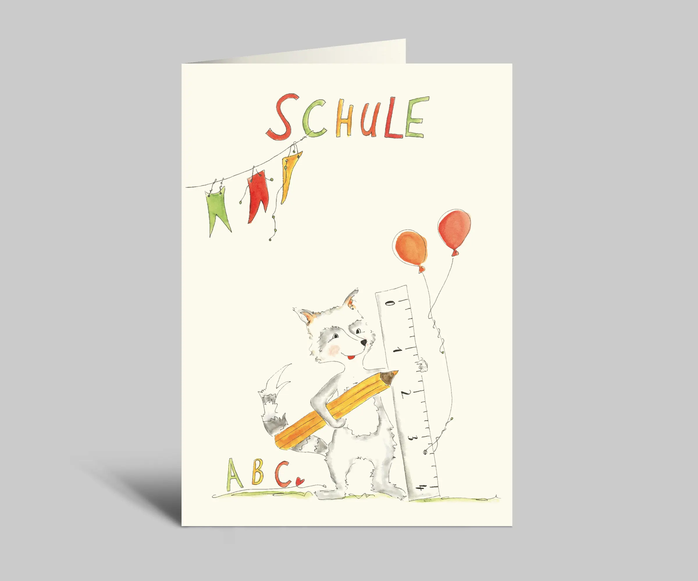 Back-to-school card | Cute raccoon with pen & ruler | First day of school | Folded card with envelope