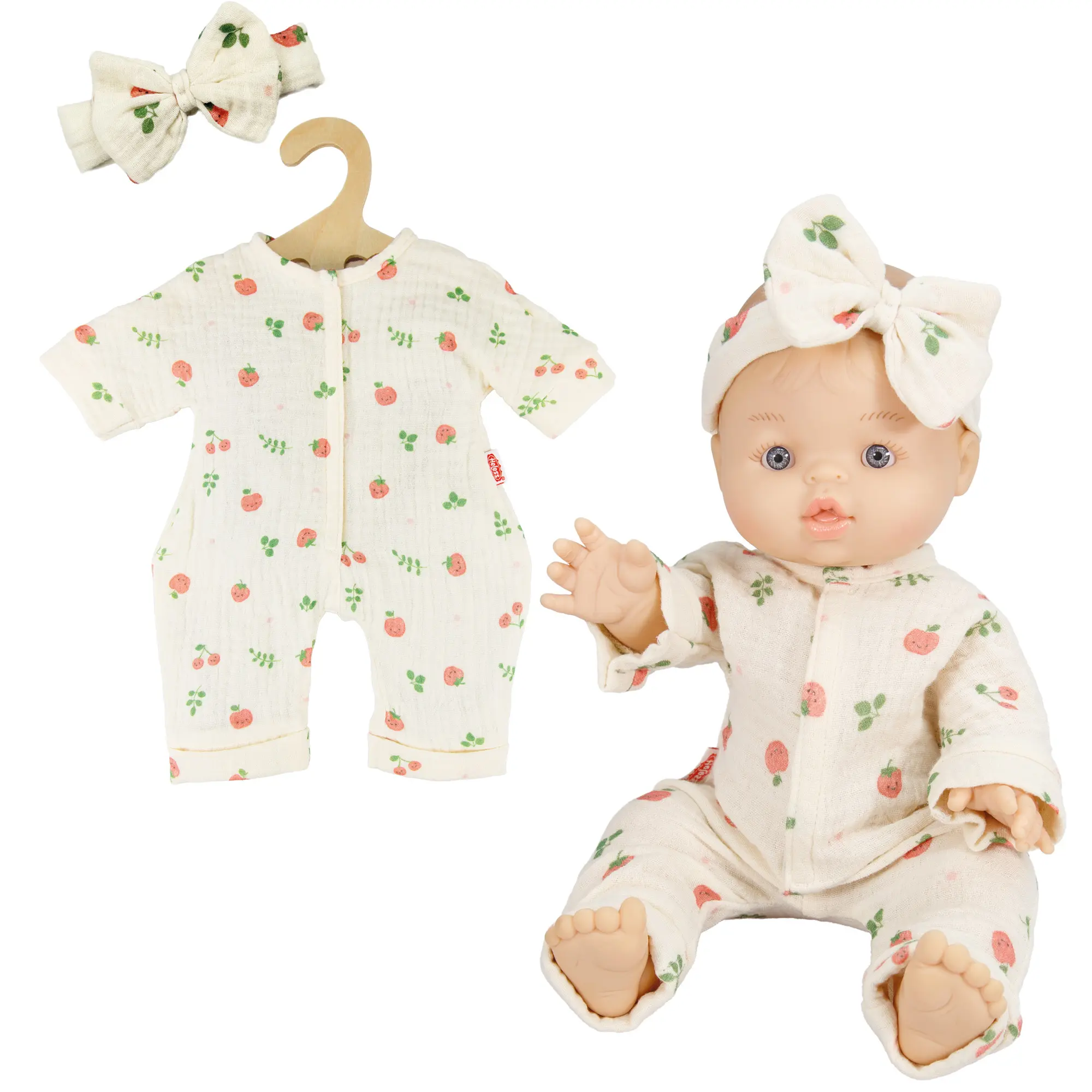 Tutina in mussola per bambola "Cheeky Fruits" con grazioso cerchietto, 100% cotone, taglia 35-45 cm