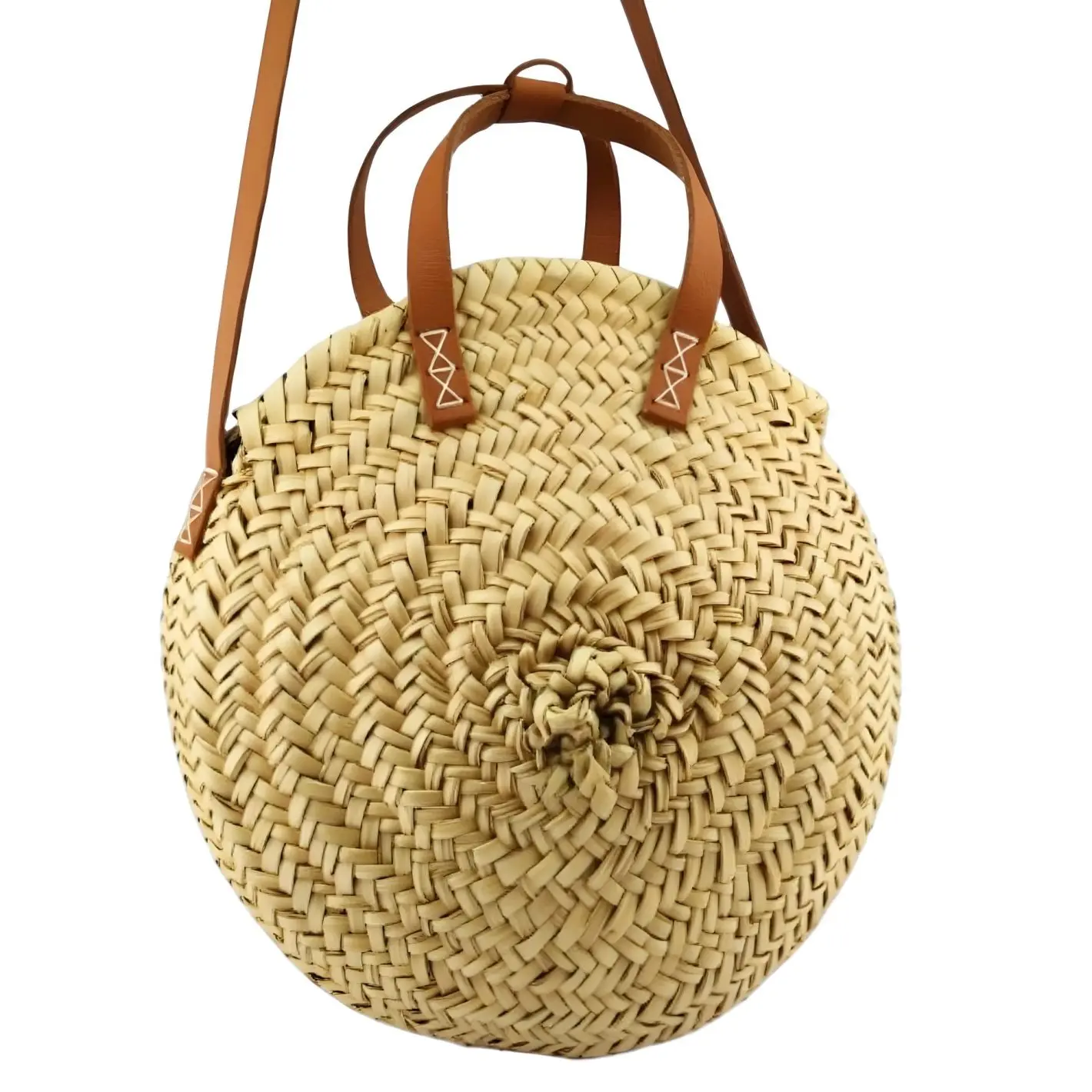 Round Straw Tote Bag with Leather Handles – Handwoven Circle Basket