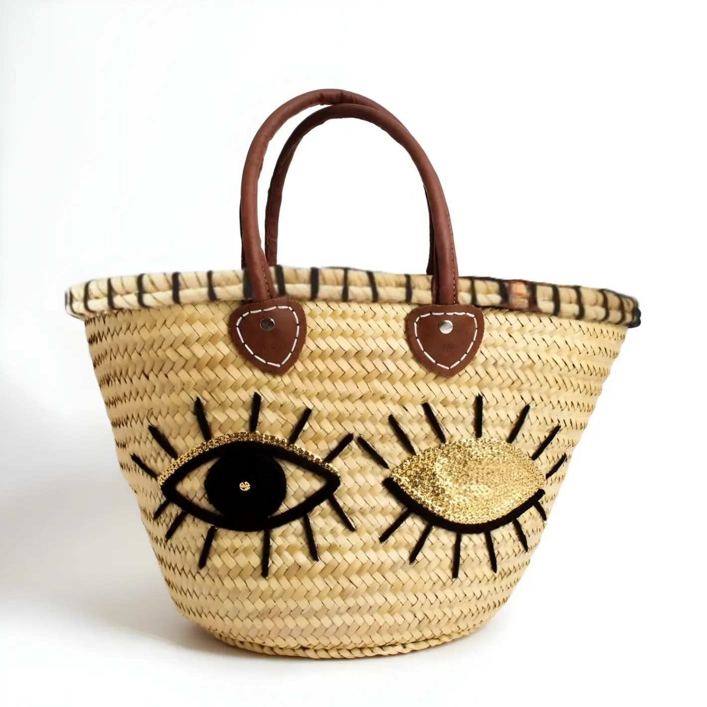 Winking Eye Straw Tote Bag – Sequin Embellished Beach Basket