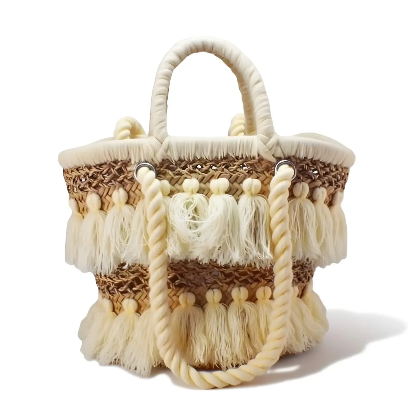 Tassel Straw Beach Bag – Handwoven Boho Basket Tote with Cotton Fringe