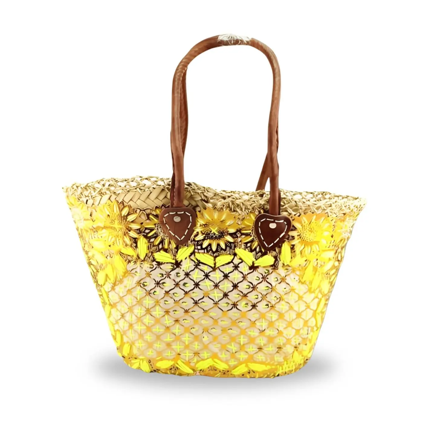 Embroidered Straw Tote Beach Bag – Handwoven Summer Basket with Leather Handles