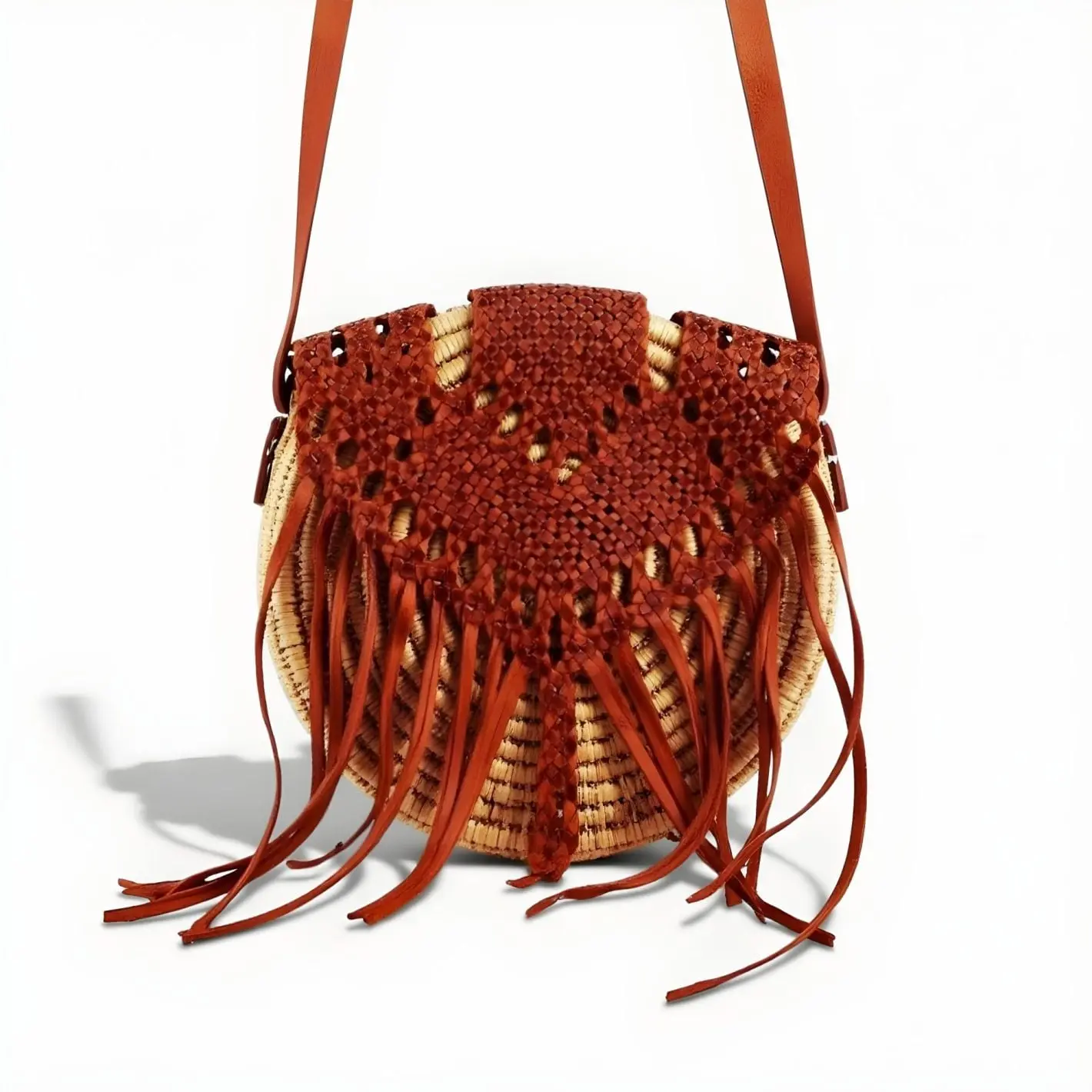 Handmade Circle Straw Bag with Leather Fringe – Boho Crossbody Purse