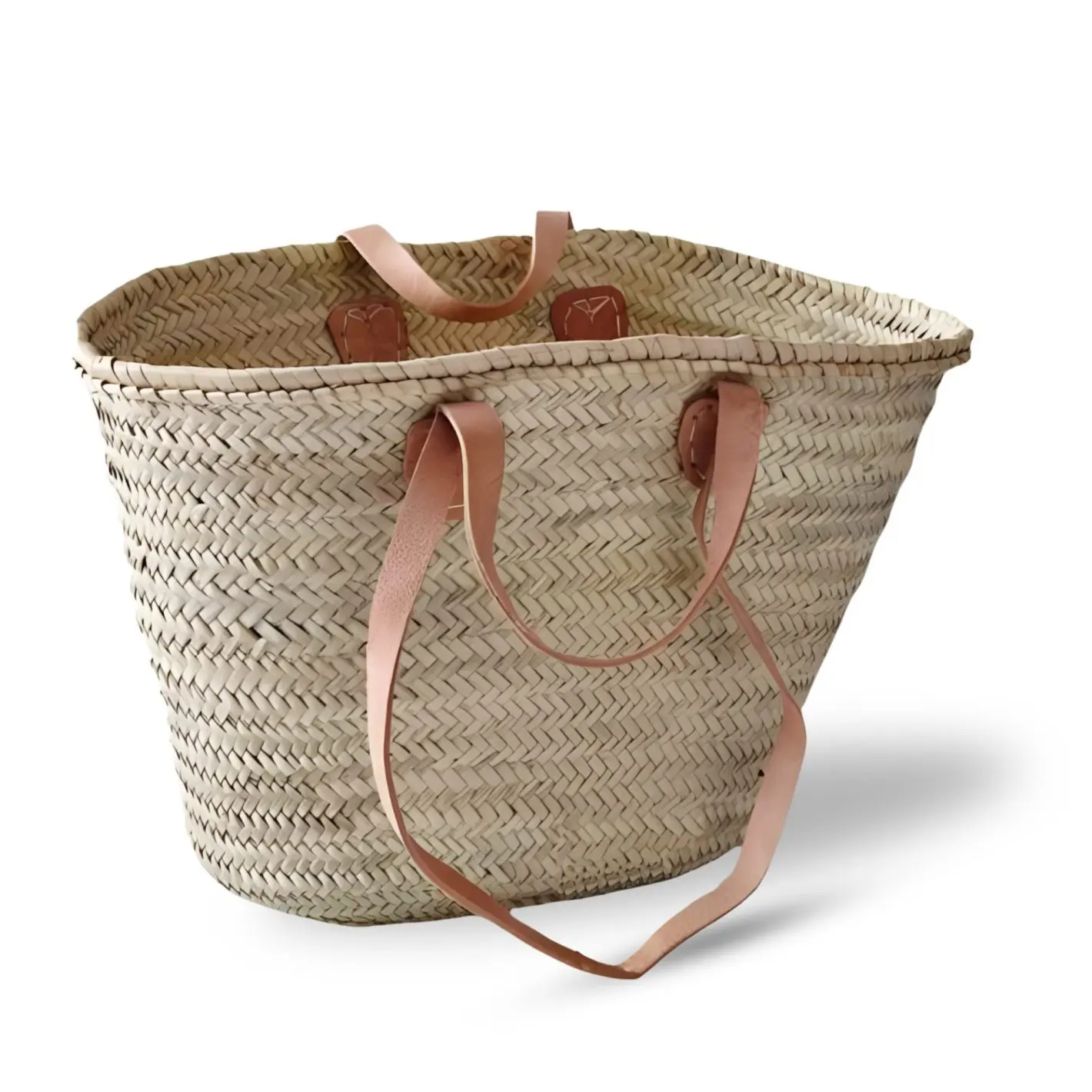 Natural Straw Basket Tote with Double Leather Handles – Market Bag