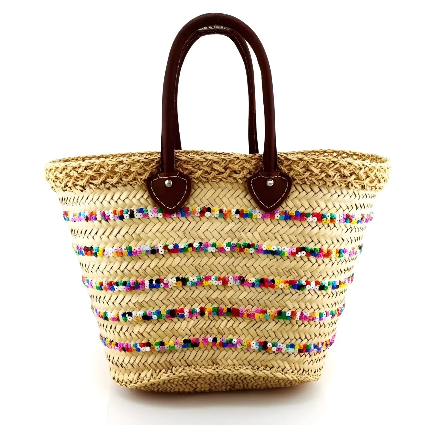 Rainbow Sequin Straw Tote Bag – Handwoven Beach Basket with Leather Handles