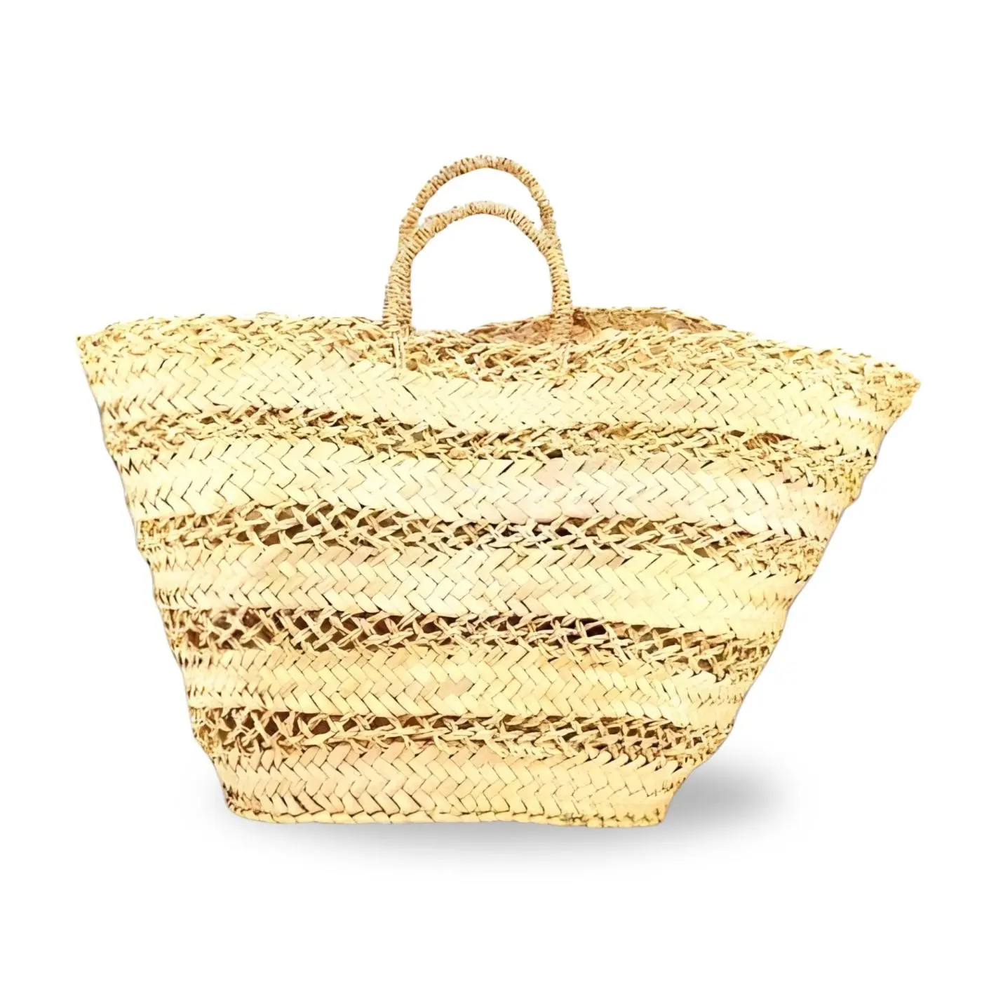 Natural Straw Market Tote – Handwoven Beach Basket with Lattice Design