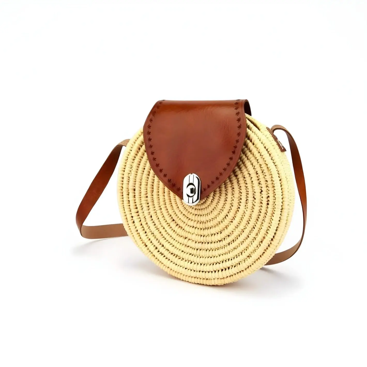 Round Straw Crossbody Bag – Handwoven Circle Purse with Leather Flap