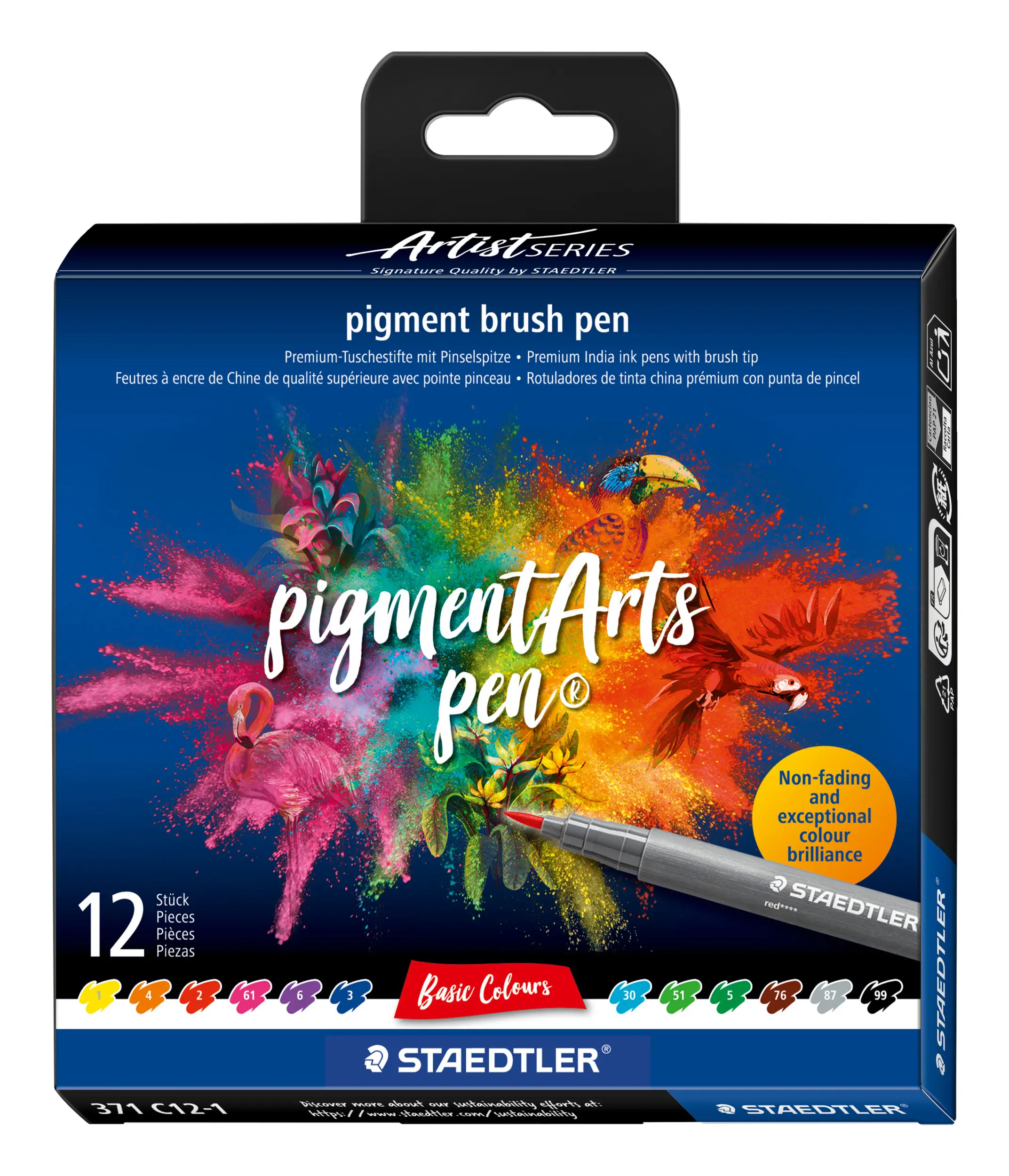 Pigment brush 371 - Cardboard case of 12 brush-tip markers in assorted basic colors