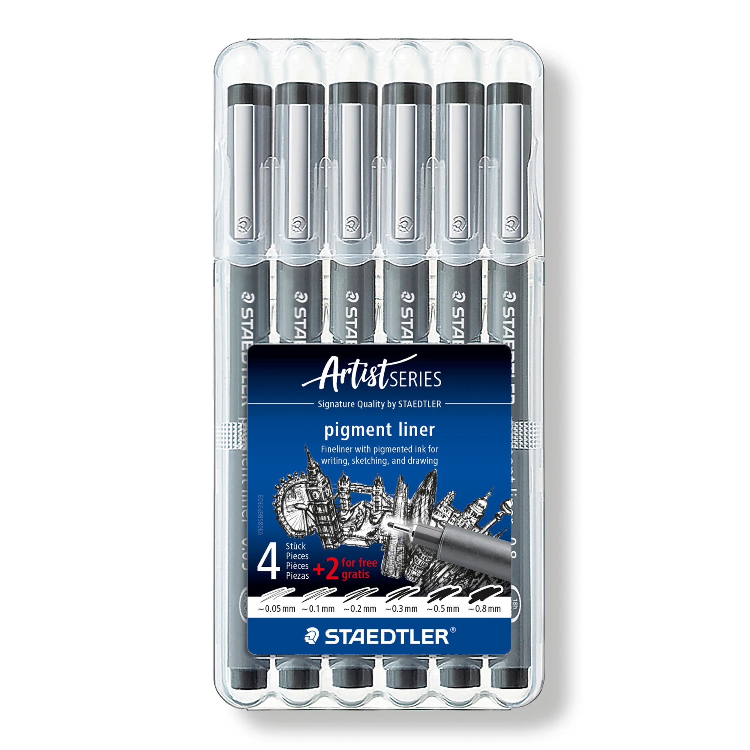 Pigment Liner 308 - STAEDTLER® Easel Case, Box of 6 Black Fineliners with Calibrated Tip - Bonus Pack of 4 + 2 Free