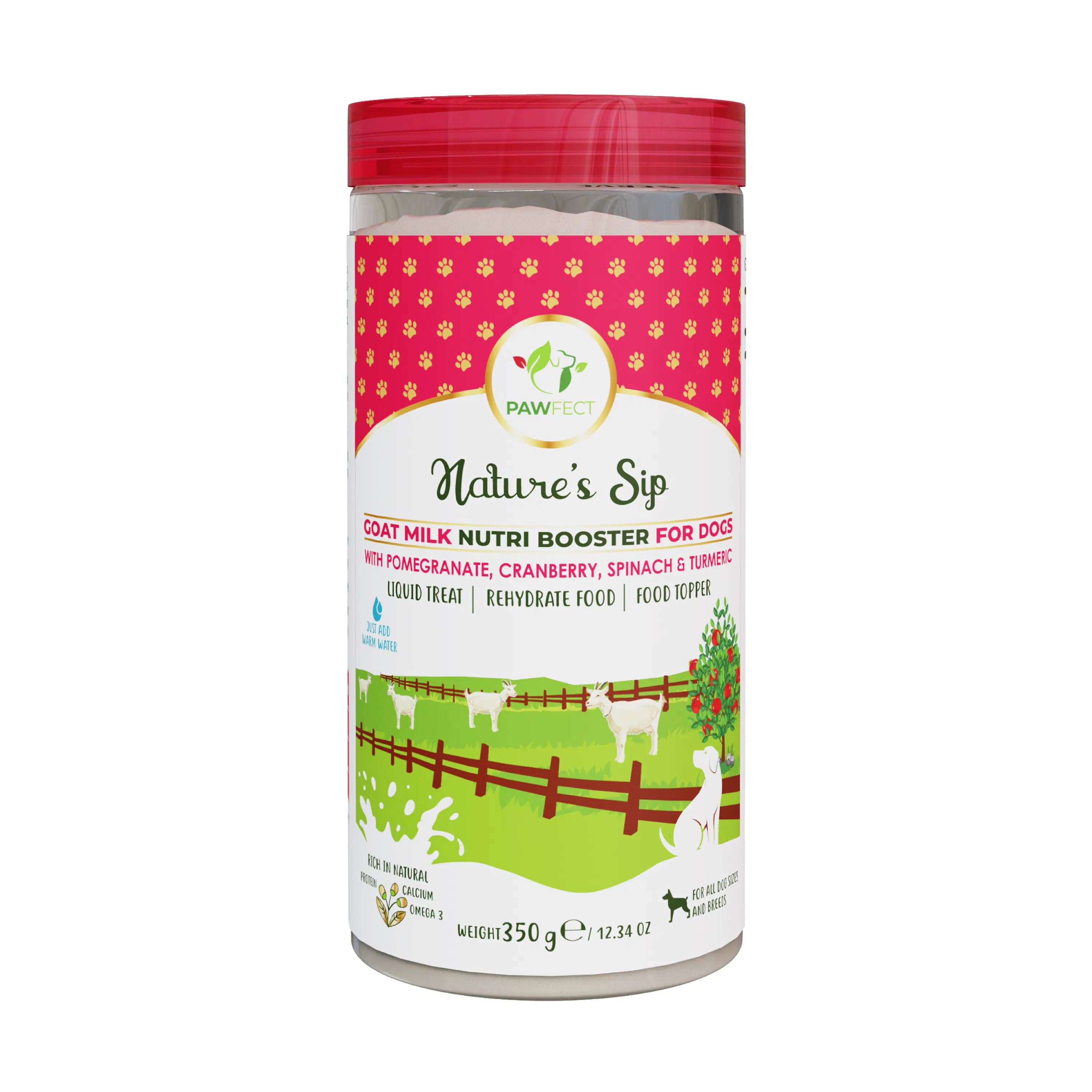 Pawfect Nature's Sip Ziegenmilchpulver mit Granatapfel und Preiselbeeren | Leicht verdaulich | Prä- und Probiotika | Gesunder Topper | Unterstützung der Flüssigkeitszufuhr | 70 Messlöffel | (350 g/12.34 Unzen)
