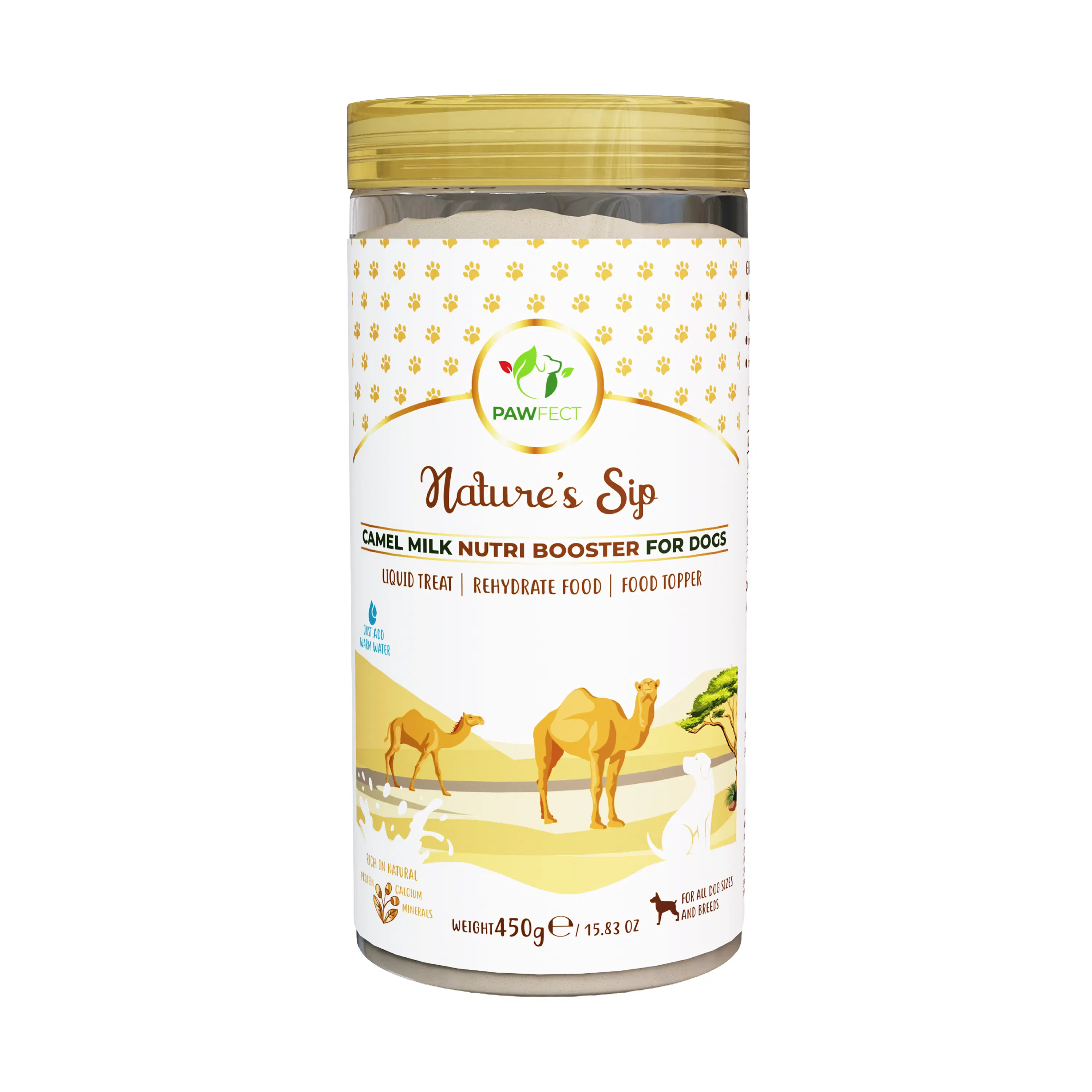 Pawfect Nature's Sip 100 % natürliches Kamelmilchpulver für Hunde und Welpen | Leicht verdaulich | Quelle für Vitamine, Mineralien, Probiotika | Gesunder Topper | Unterstützung der Flüssigkeitszufuhr | 90 Messlöffel | (450 g/15.87 Unzen)
