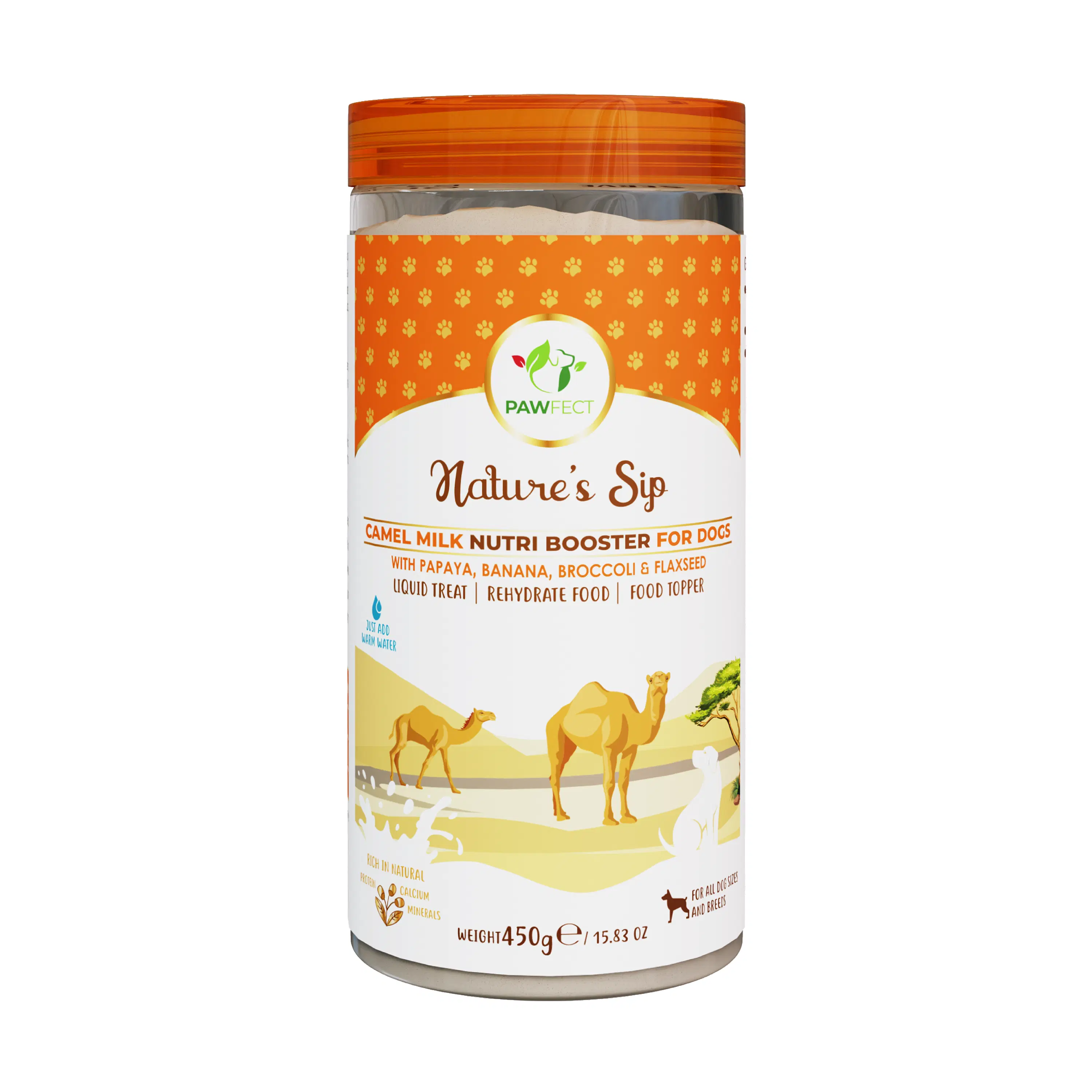 Pawfect Nature's Sip Kamelmilchpulver mit Papaya, Banane, Brokkoli und Leinsamen | Leicht verdaulich | Prä- und Probiotika | Gesundes Topping | Niedriger glykämischer Index | Unterstützung der Flüssigkeitszufuhr | 90 Messlöffel | (450 g/15.87 Unzen)