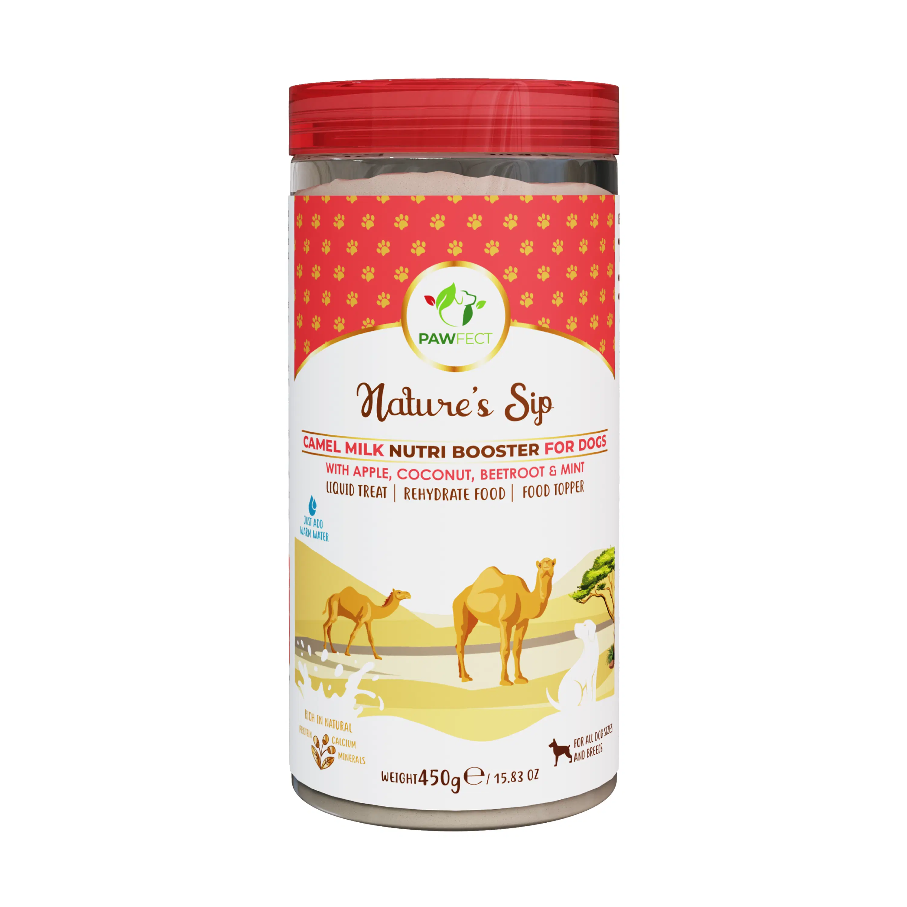 Pawfect Nature's Sip Kamelmilchpulver mit Apfel, Kokosnuss, Roter Bete und Minze für Hunde | Leicht verdaulich | Prä- und Probiotika | Gesundes Topping | Niedriger glykämischer Index | Unterstützung der Flüssigkeitszufuhr | 90 Messlöffel | (450 g/15.87 Unzen)