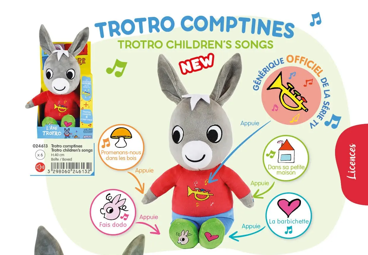 Trotro peluche 40 cm interactive et musicale 4 comptines