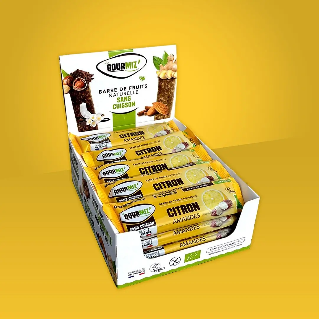 Organic fruit bars, lemon & almonds, vegan, gluten-free, healthy snack for gourmets and athletes