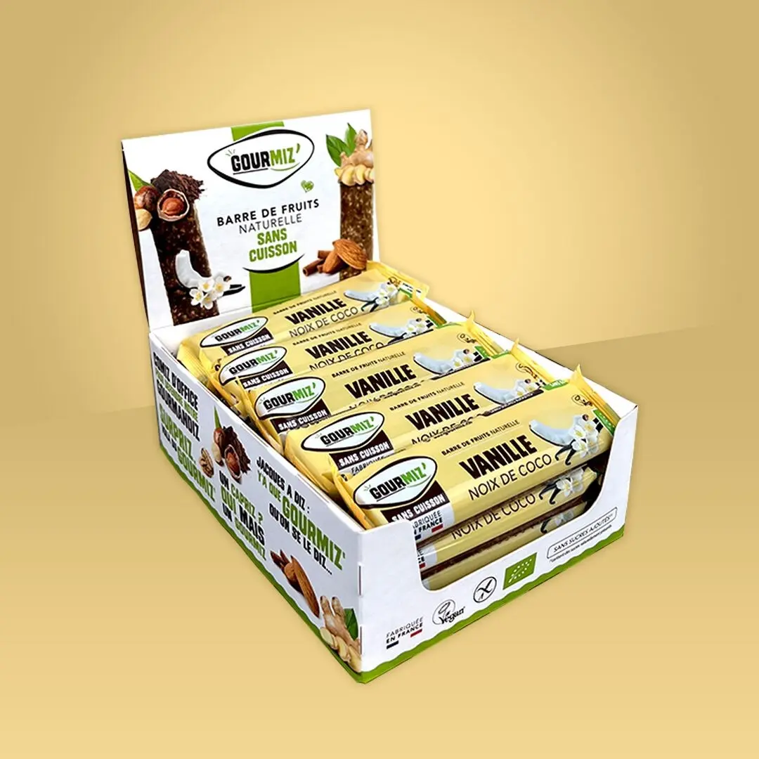 Organic fruit bars, vanilla & coconut, vegan, gluten-free, healthy snack for gourmets and athletes