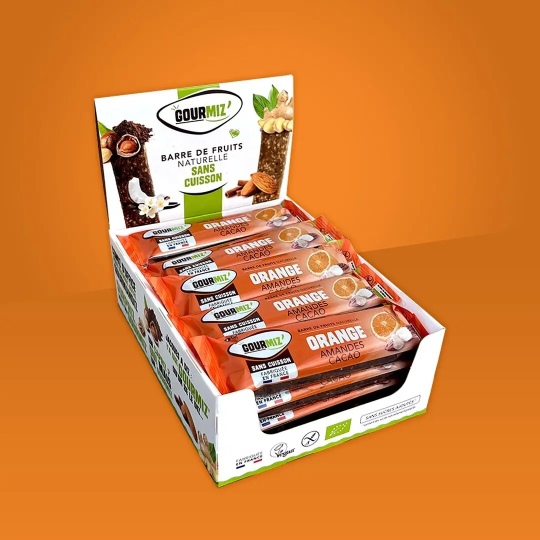 Organic fruit bars, orange, almonds & cocoa, gluten-free, healthy snack for gourmets and athletes