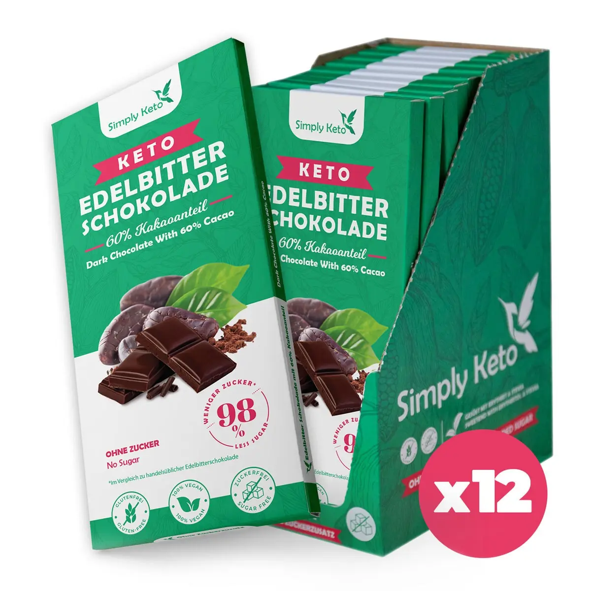barre de chocolat noir Keto | 60% de cacao | paquet de 12
