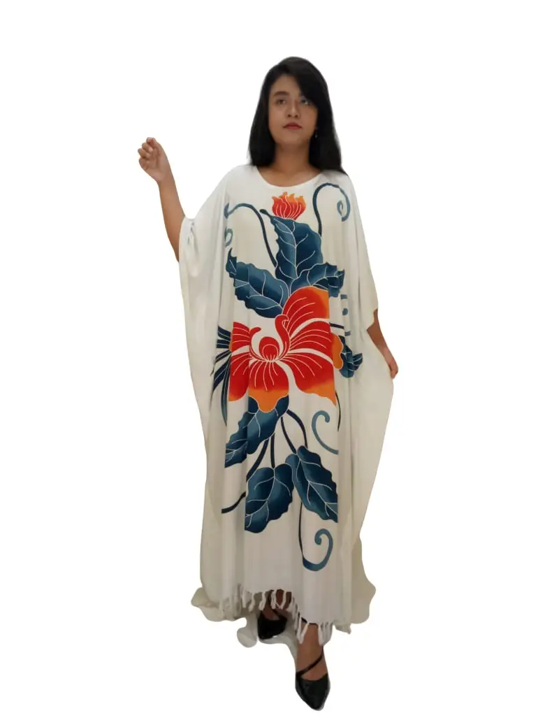 Abito lungo caftano Buttersoft fiore dipinto a mano nero bellissimo orchidea blu - bianco