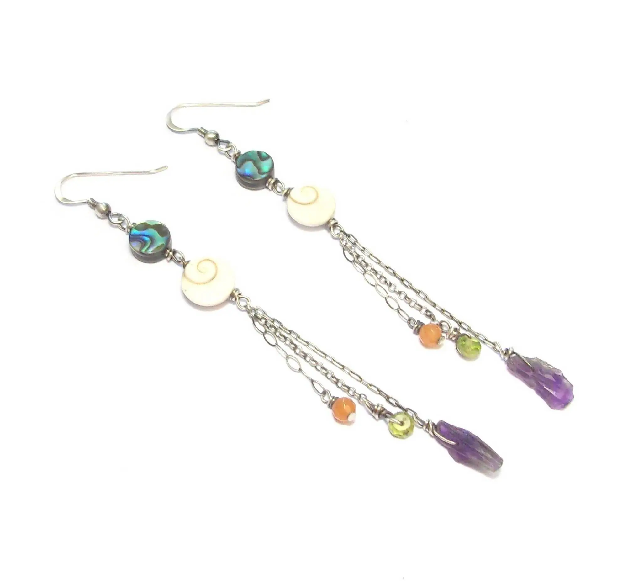 Ethnic Silver Earrings, Shells And Natural Stones