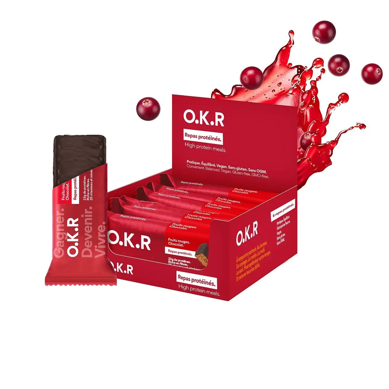 Vegan protein meal bar with red berries. Chocolate.