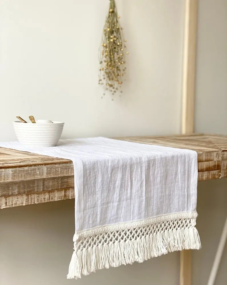 Linen Table Runner with Macrame