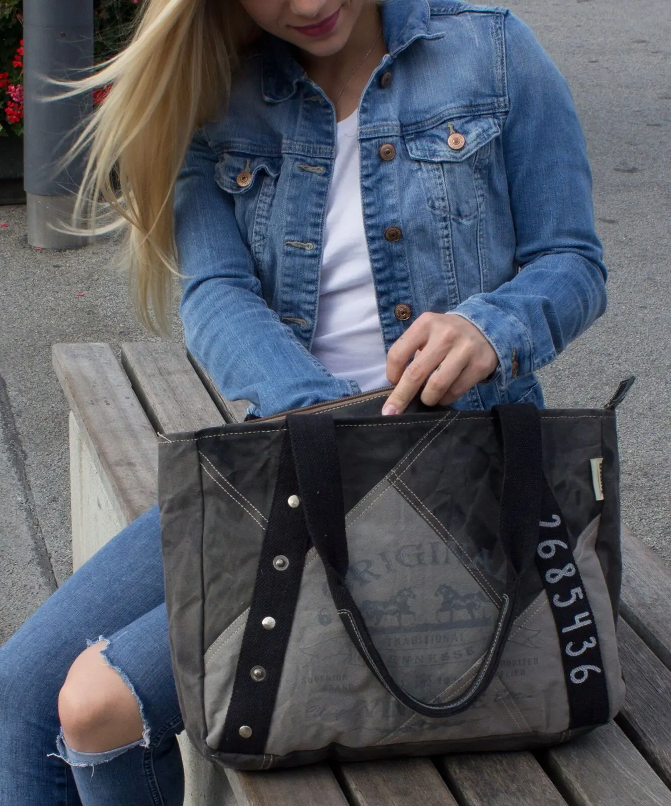 Sunsa Canvas Handtasche Schultertasche stone washed Shopper grau schwarz