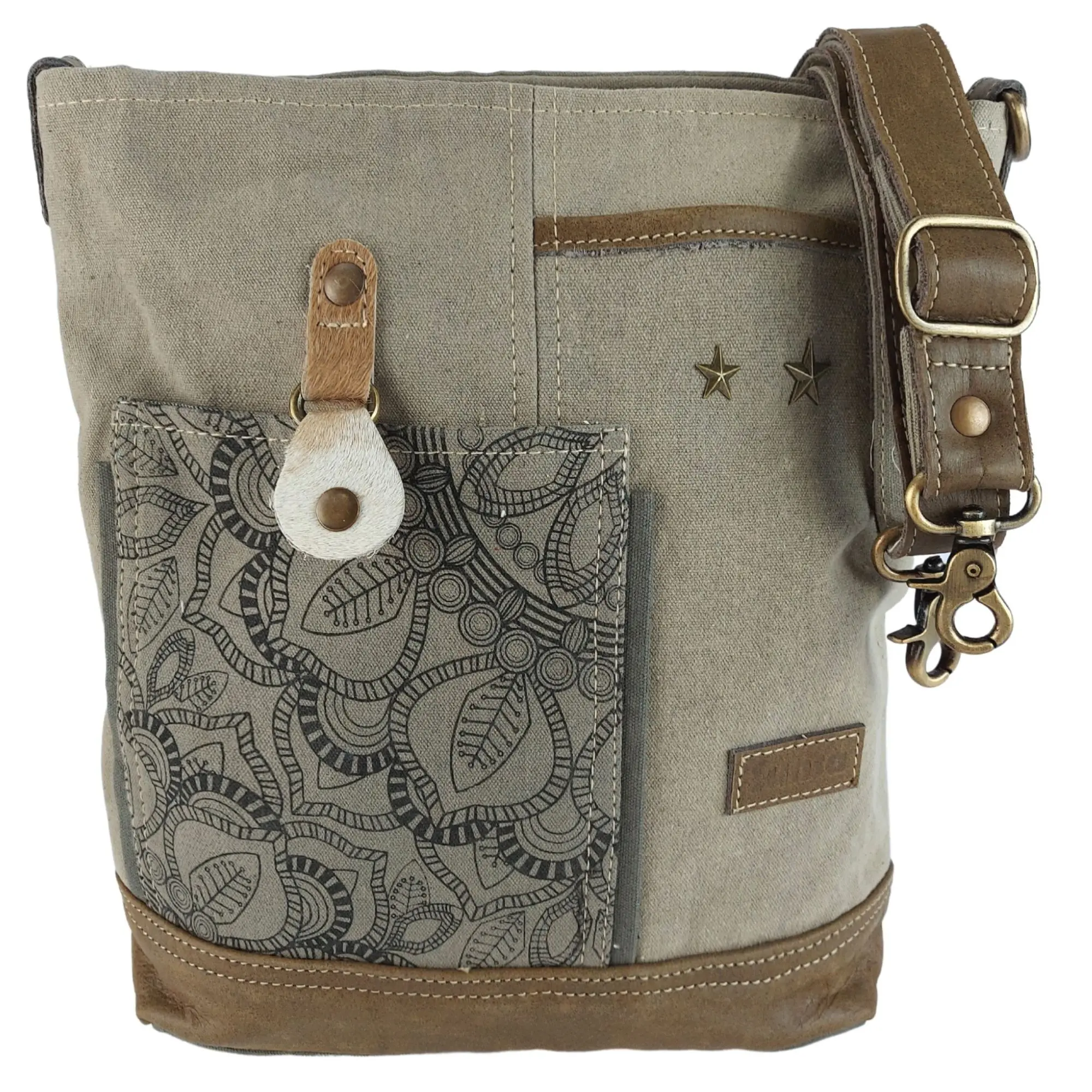 Sunsa Damen Umhängetasche. Handtasche aus Canvas ( Segeltuch) & Leder. Schultertasche in Vintage Stil. Große khaki Crossbody Tasche für Frauen mit Mandala Aufdruck