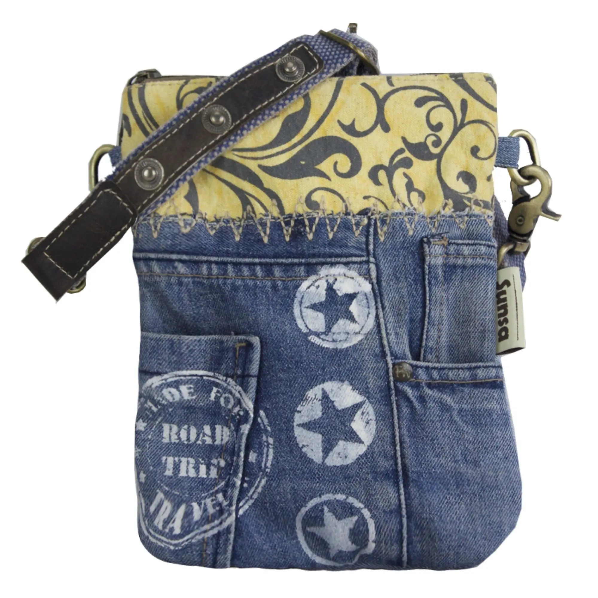 Sunsa kleine Umhängetasche. Damen Schultertasche aus Jeansstoff und Canvas (Segeltuch). Handtasche Vintage Retro-Stil. Crossbody Tasche für Frauen.