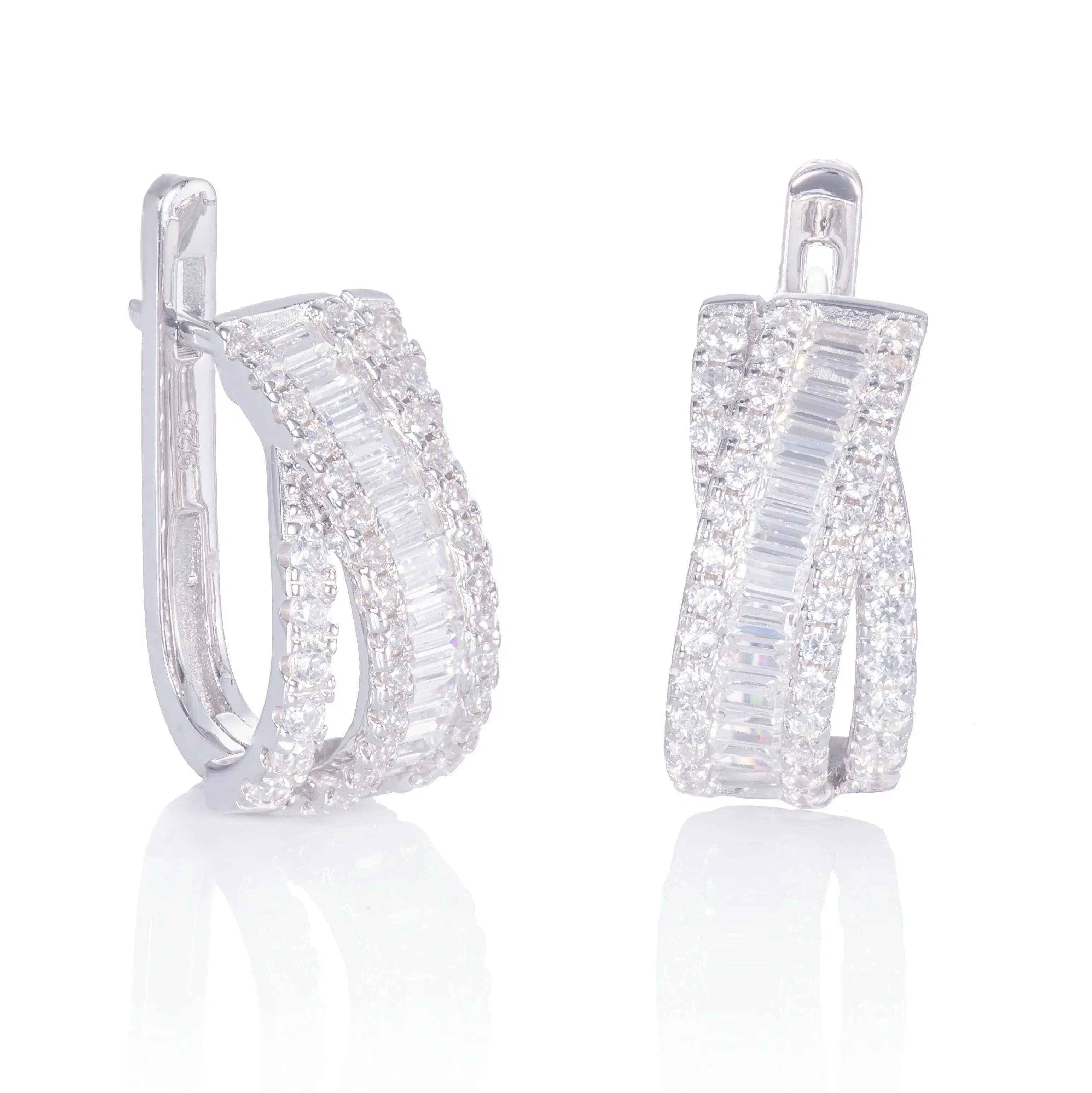 Sterling Silver Large Hoop Earrings for Women with Baguette Stones