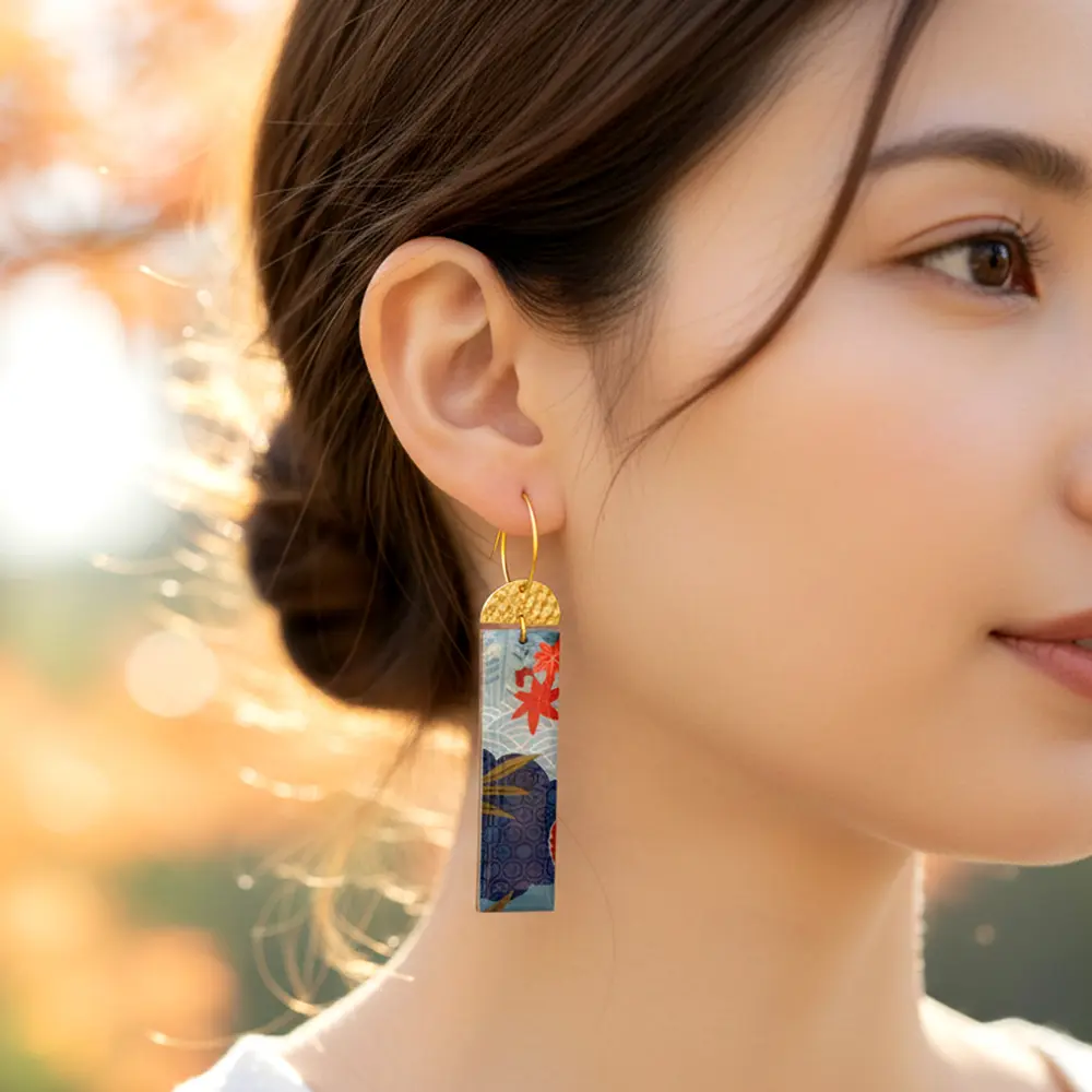 Earrings resin and wood rectangle Japanese paper maple gold red blue