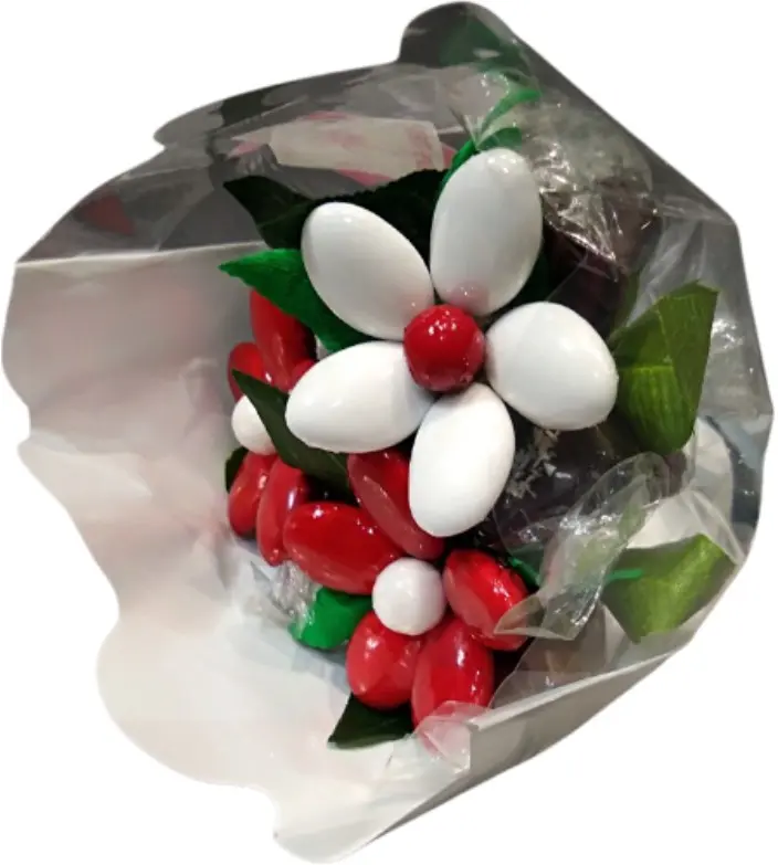 Mini bouquet of chocolates and chocolate dragees in red and white