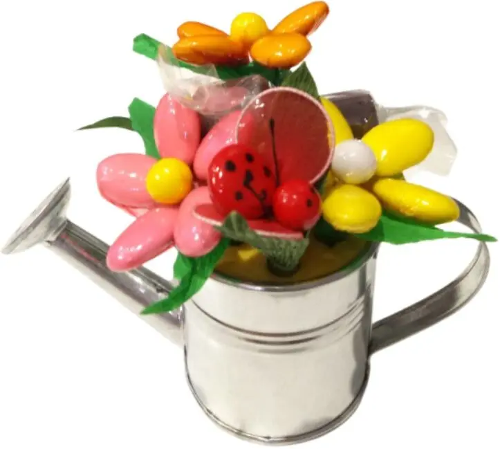 Watering can of chocolate sugared almond flowers