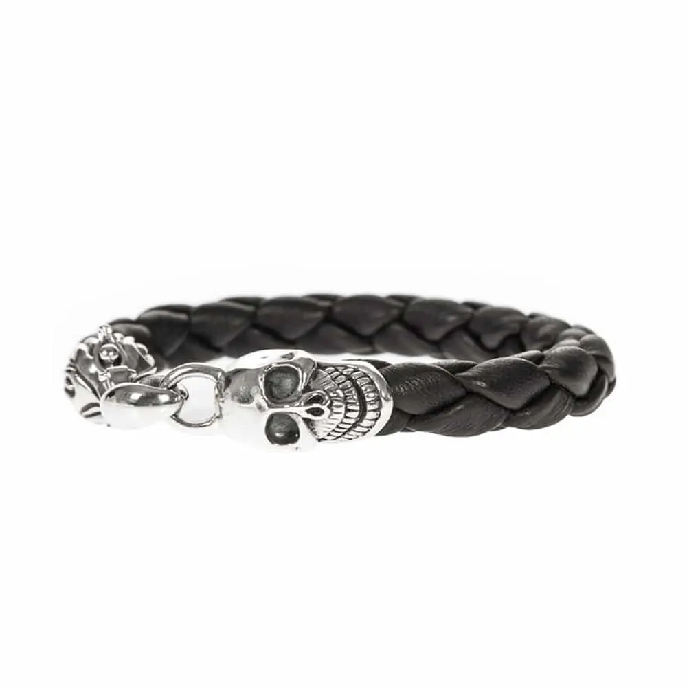 Men's black and silver skull leather bracelet