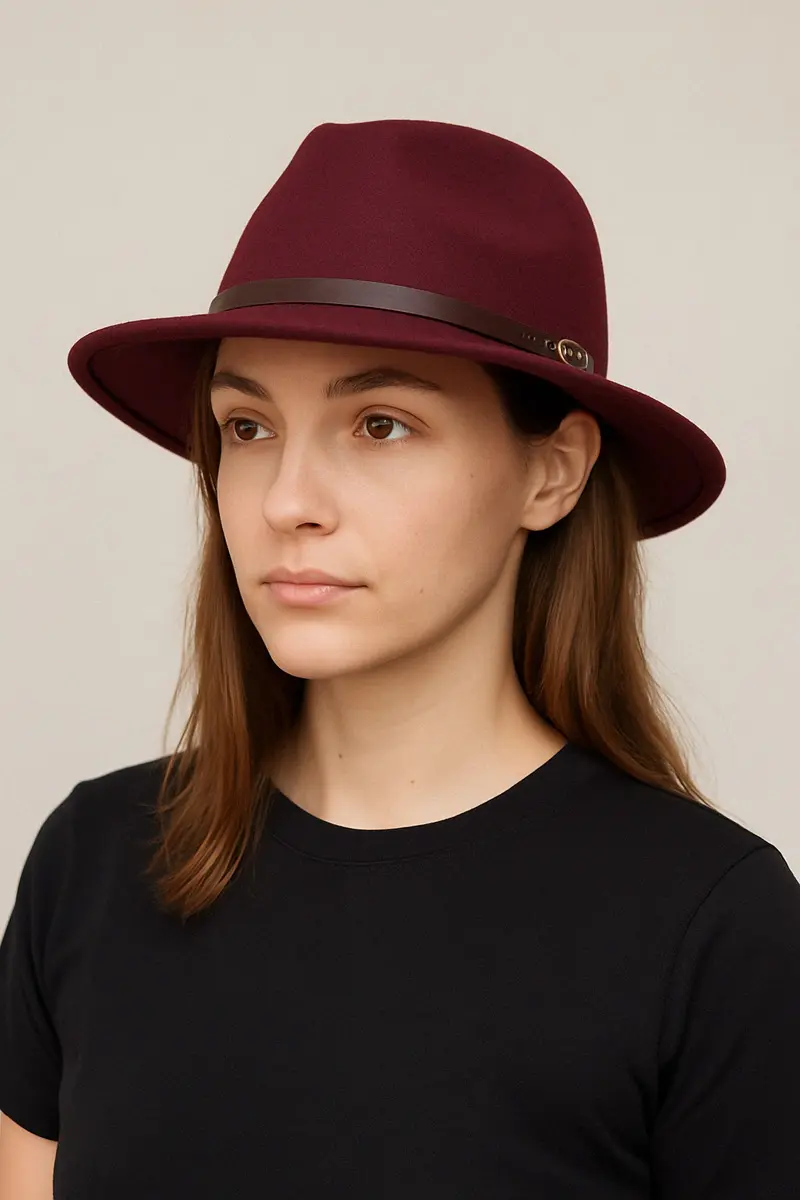 Chapeau Fedora en laine classique avec ceinture - Bordeaux