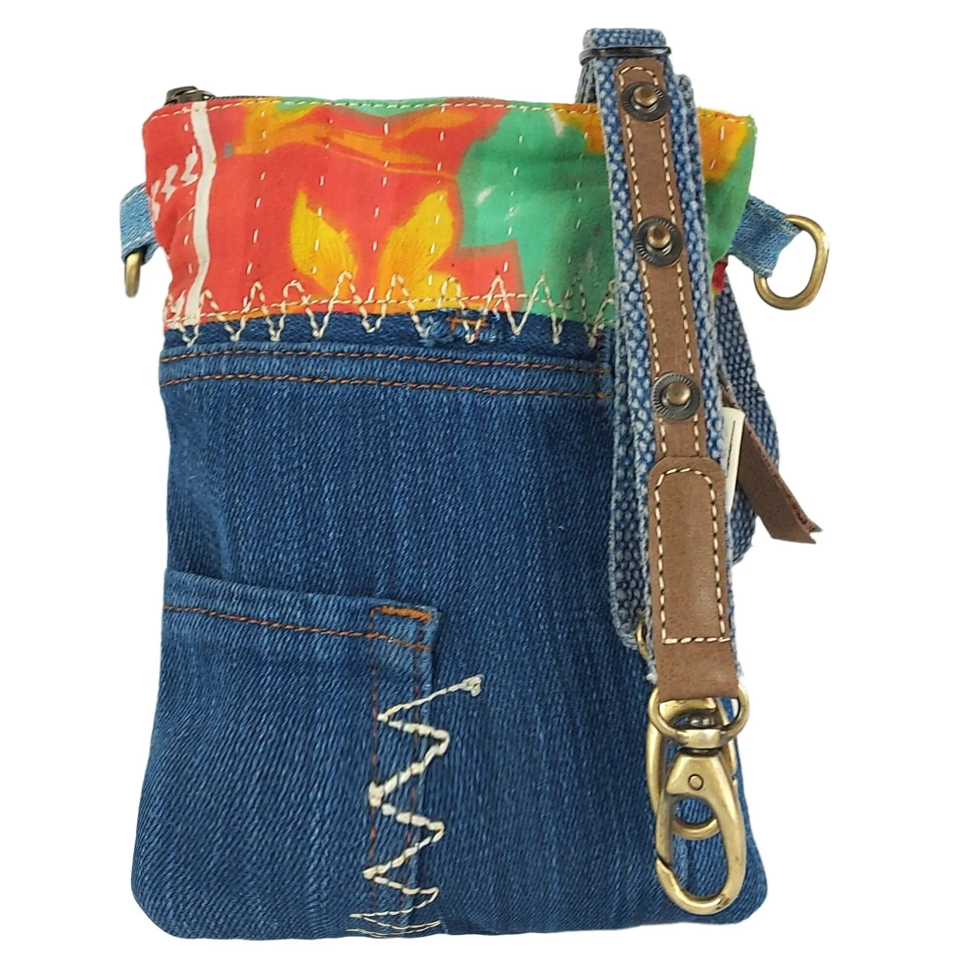 Sunsa kleine Damen Umhängetasche Schultertasche aus Jeansstoff, Canvas und Sari