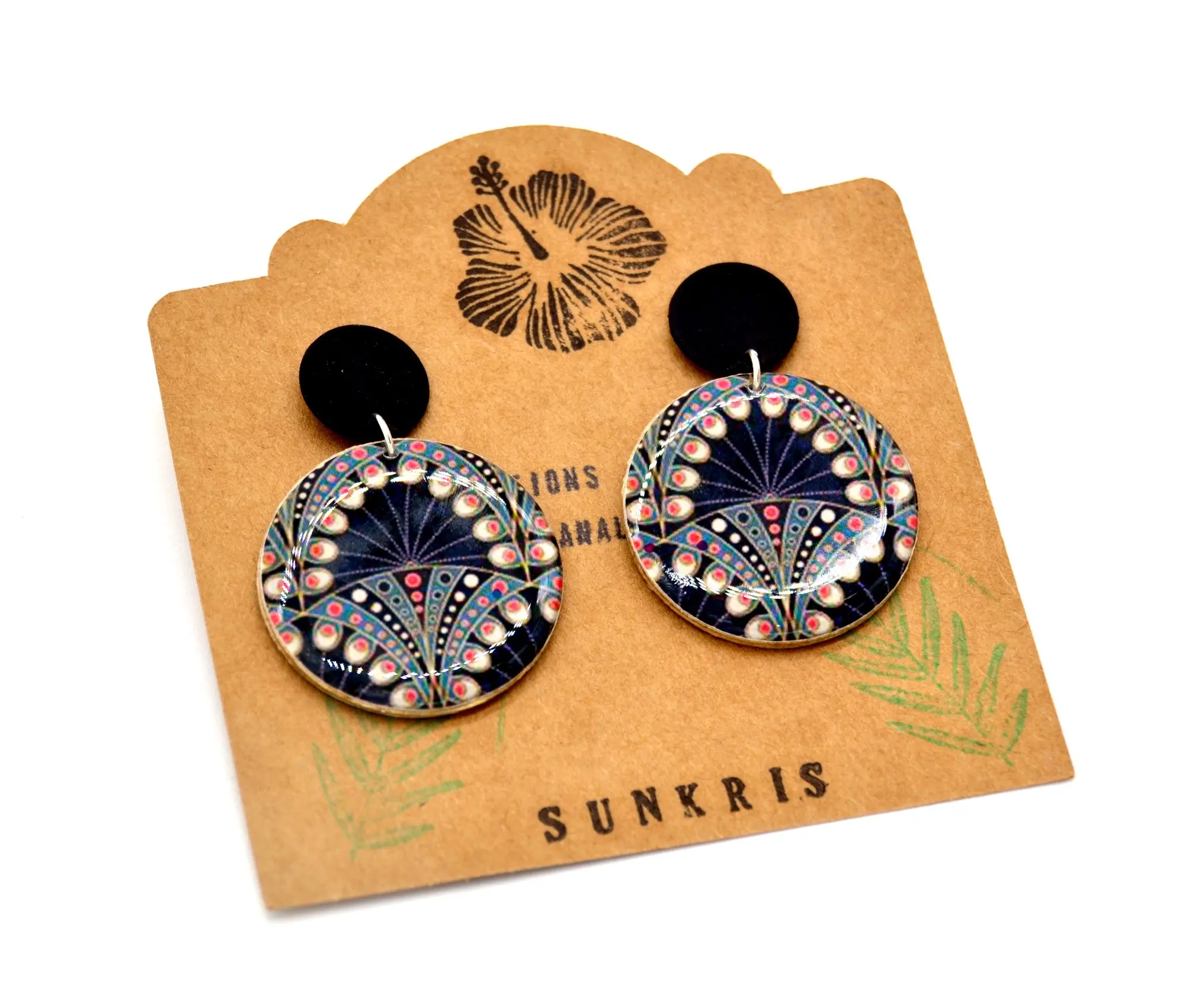 Paper earrings Japanese pattern peacock feathers black, blue, pink