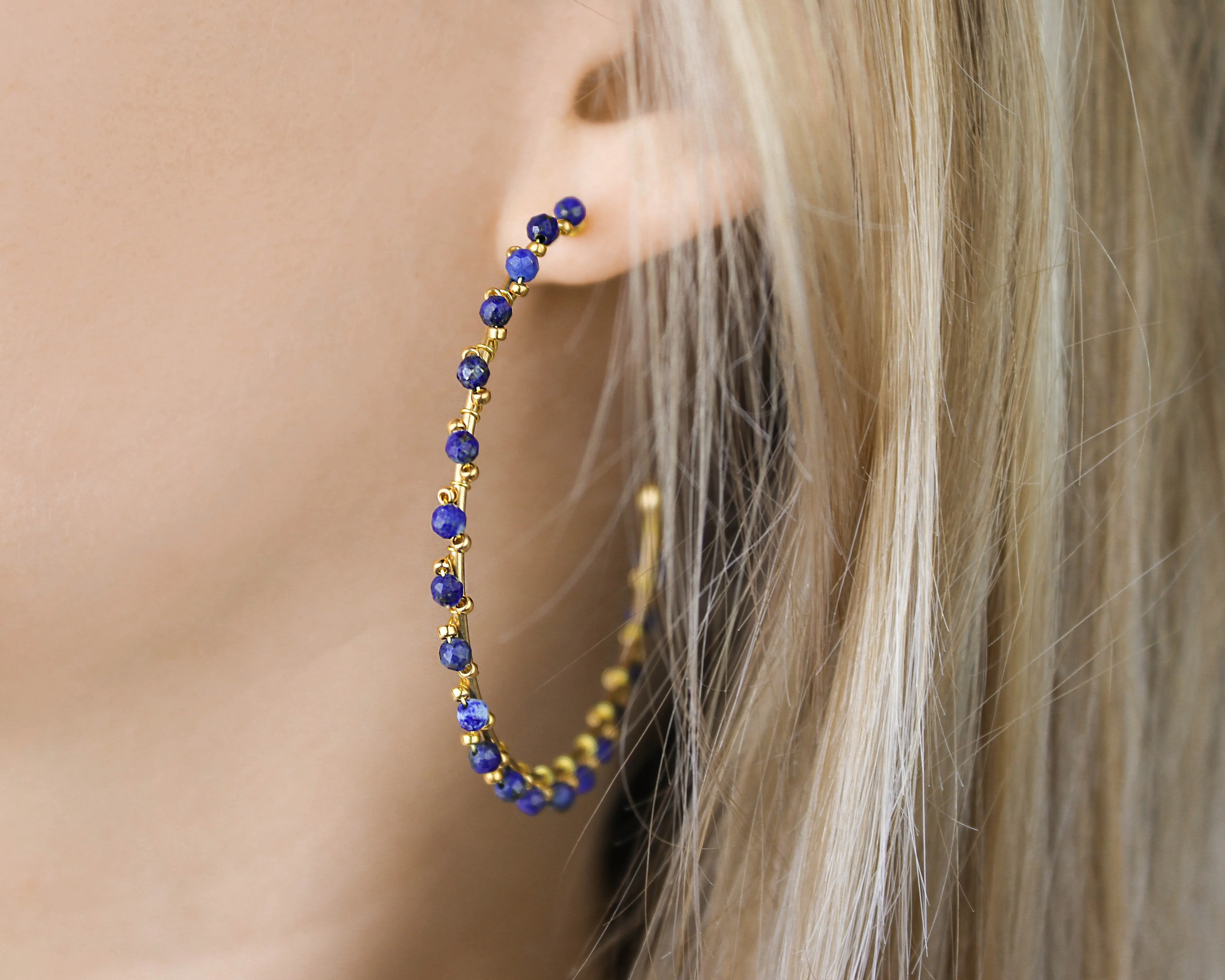 Large hoops in golden stainless steel and natural lapis lazuli stones