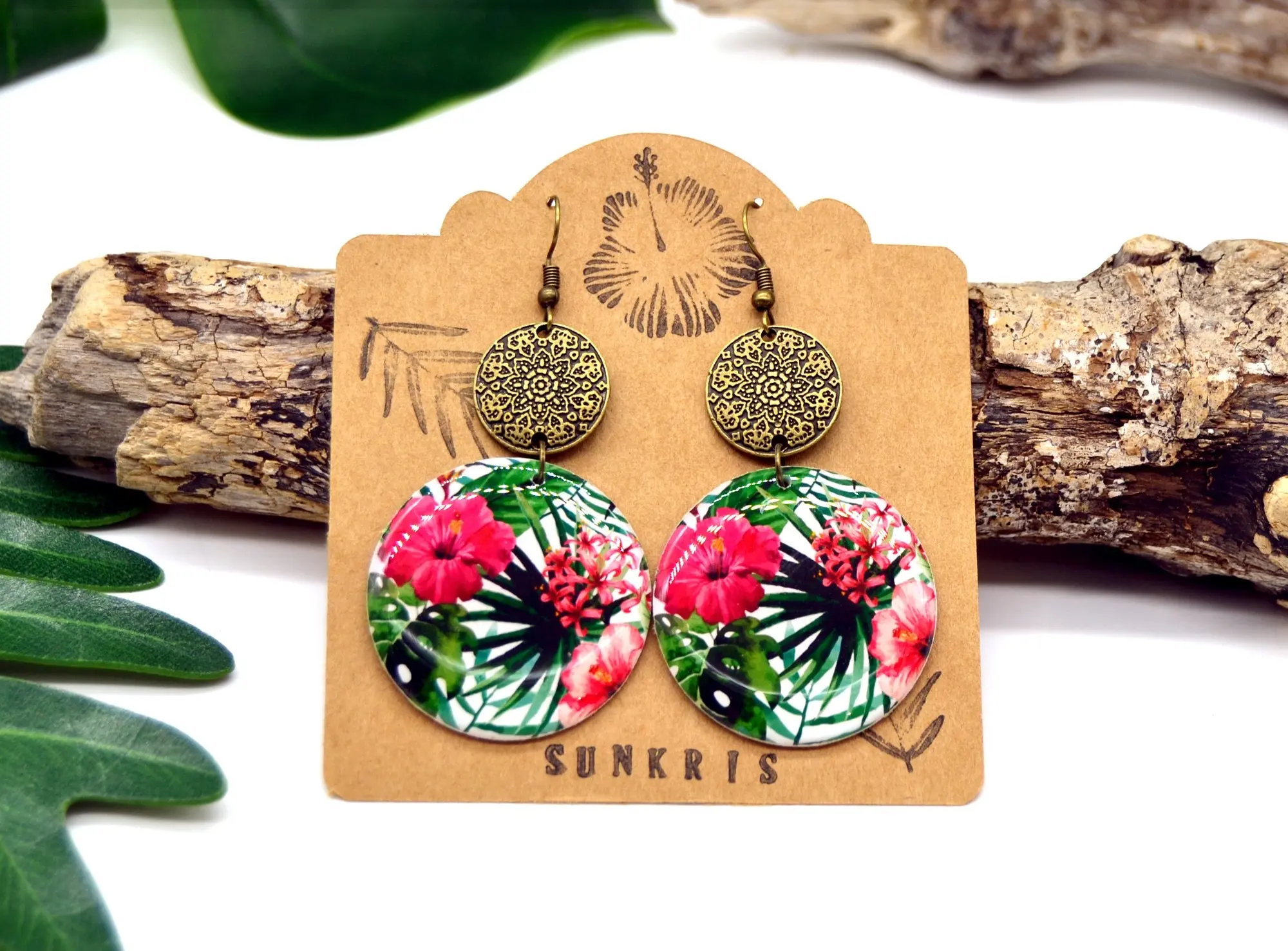 Round earrings with exotic pink green hibiscus flowers mandala connector