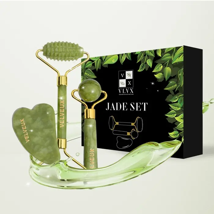 Rouleau de jade gua sha rouleau facial ensemble de 4 pièces