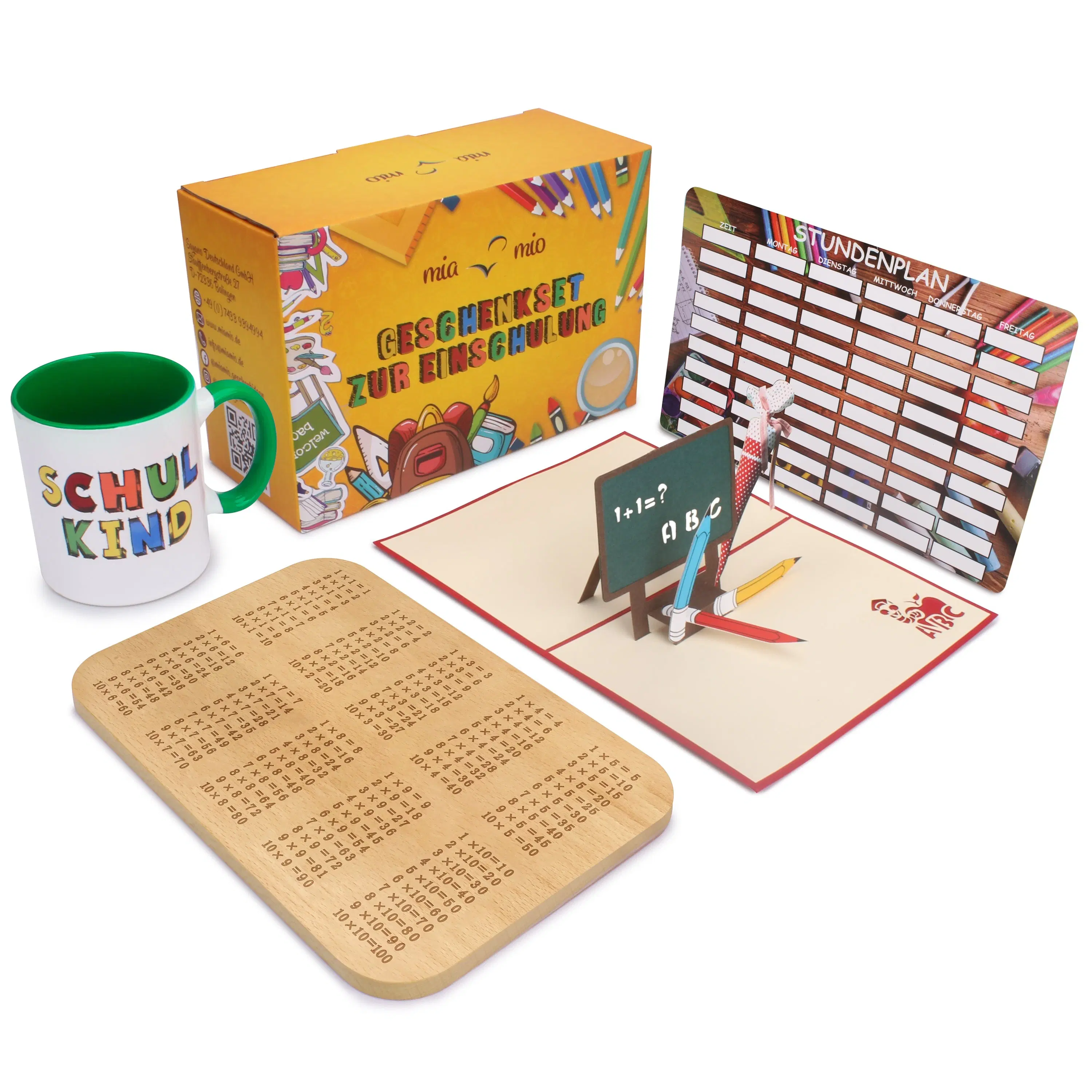 MIAMIO - gift set for school enrollment including a "school child" mug + 1 x 1 breakfast board + pop-up greeting card + timetable (green)
