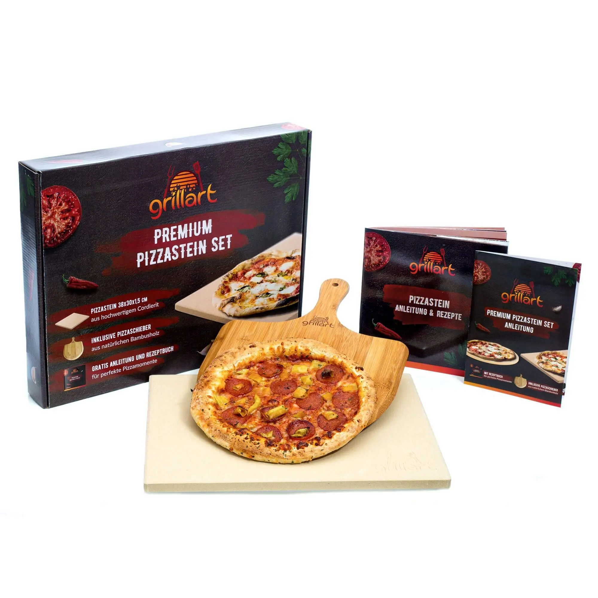 Premium Pizzastein für Gasgrill, Holzkohlegrill und Backofen - im Set - Rechteckig