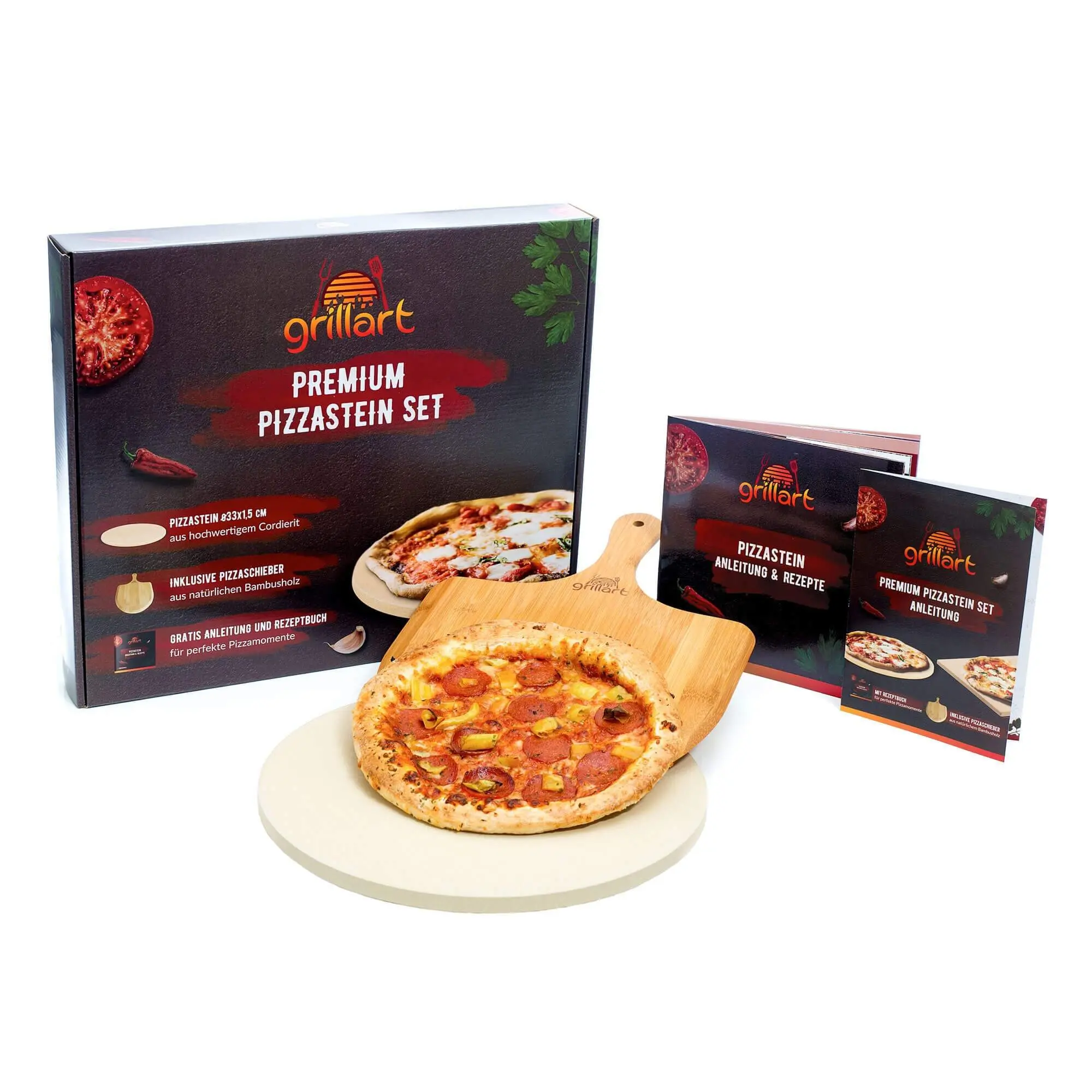 Premium Pizzastein für Gasgrill, Holzkohlegrill und Backofen - im Set - Rund
