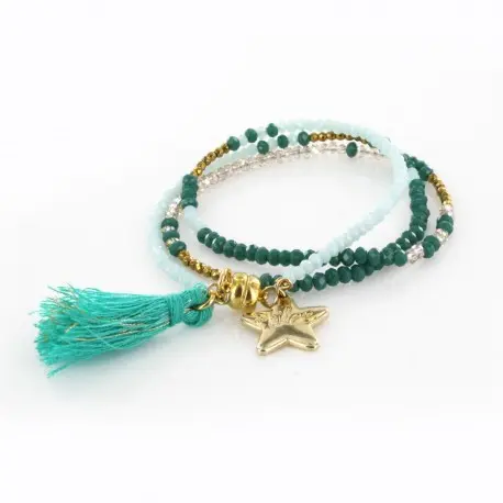 Women's bracelet triple turquoise, emerald green and gold