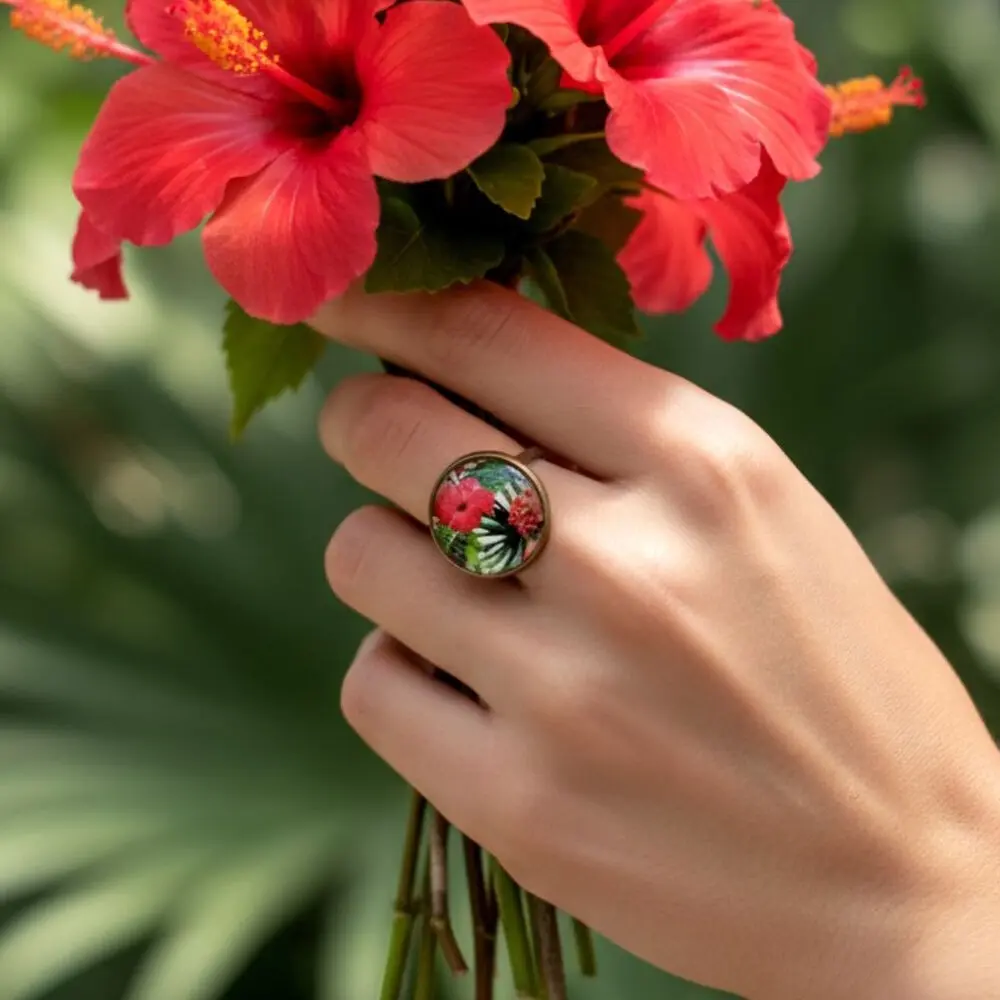 Adjustable round ring cabochon tropical exotic flowers hibiscus fuchsia