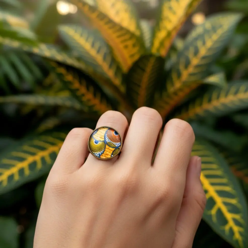Ring - African wax print pattern, orange, brown, blue, glass cabochon - Adjustable ring