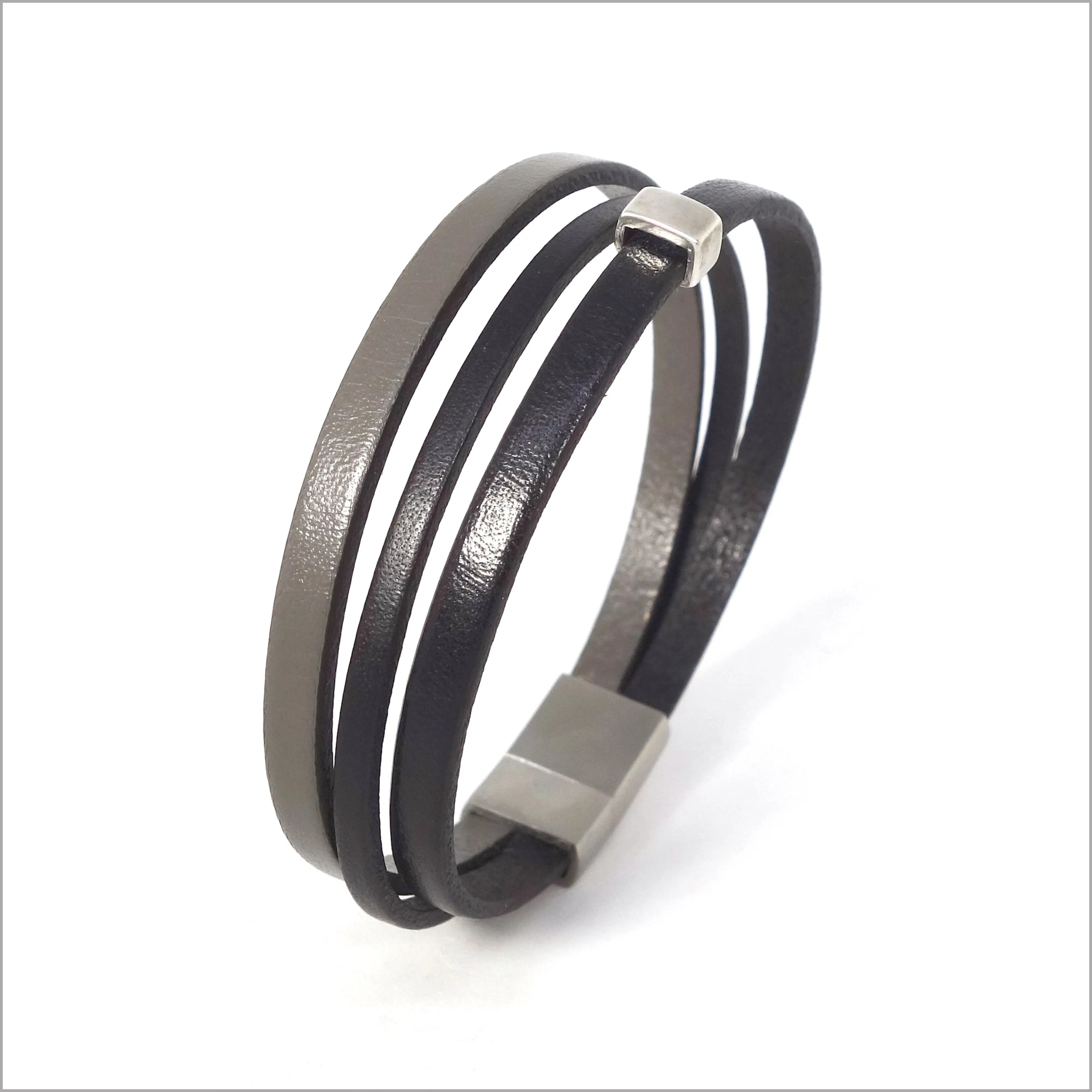 Men's multi-strand bracelet in genuine black and taupe leather