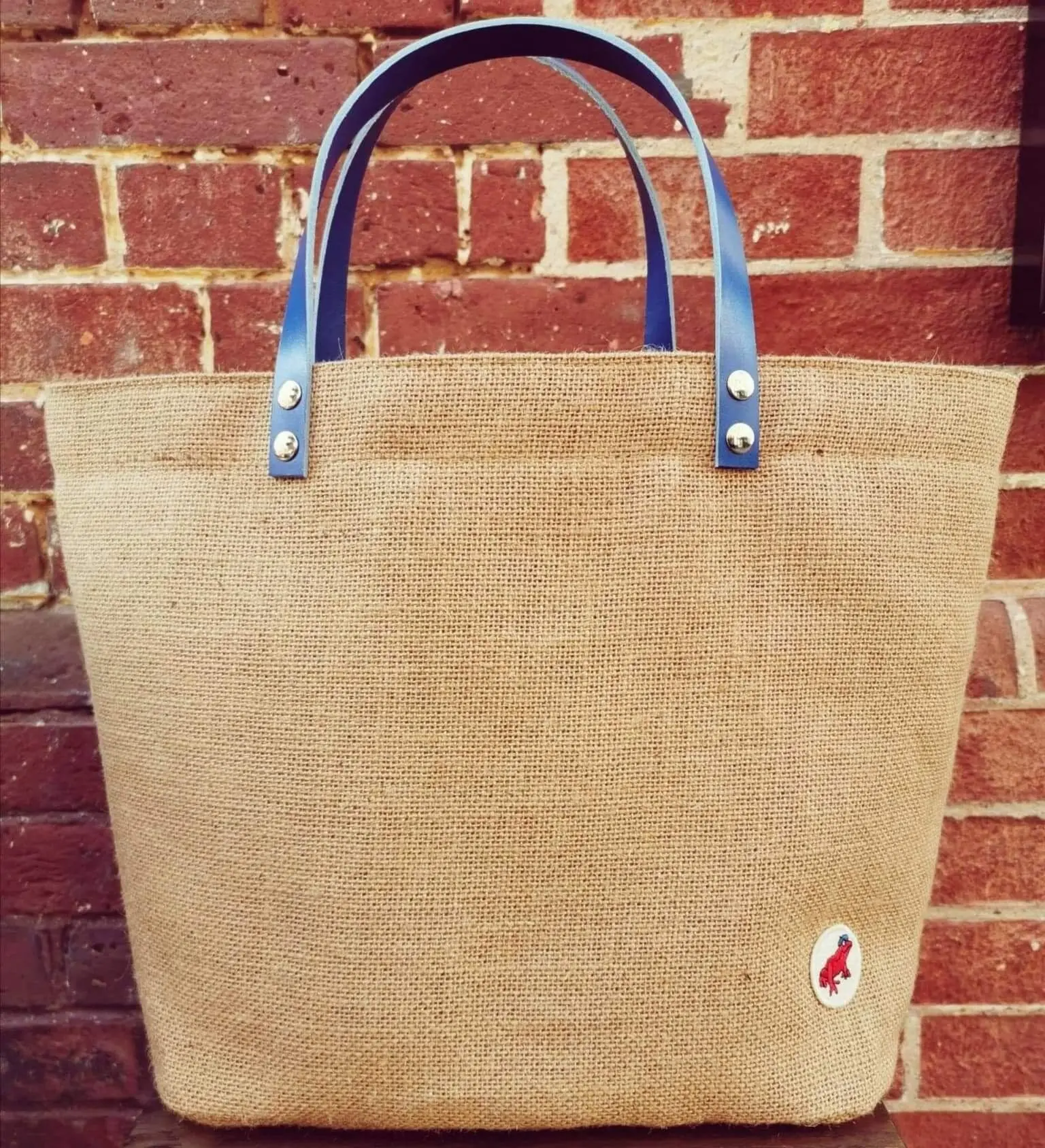Bag, tote, jute basket with blue handles