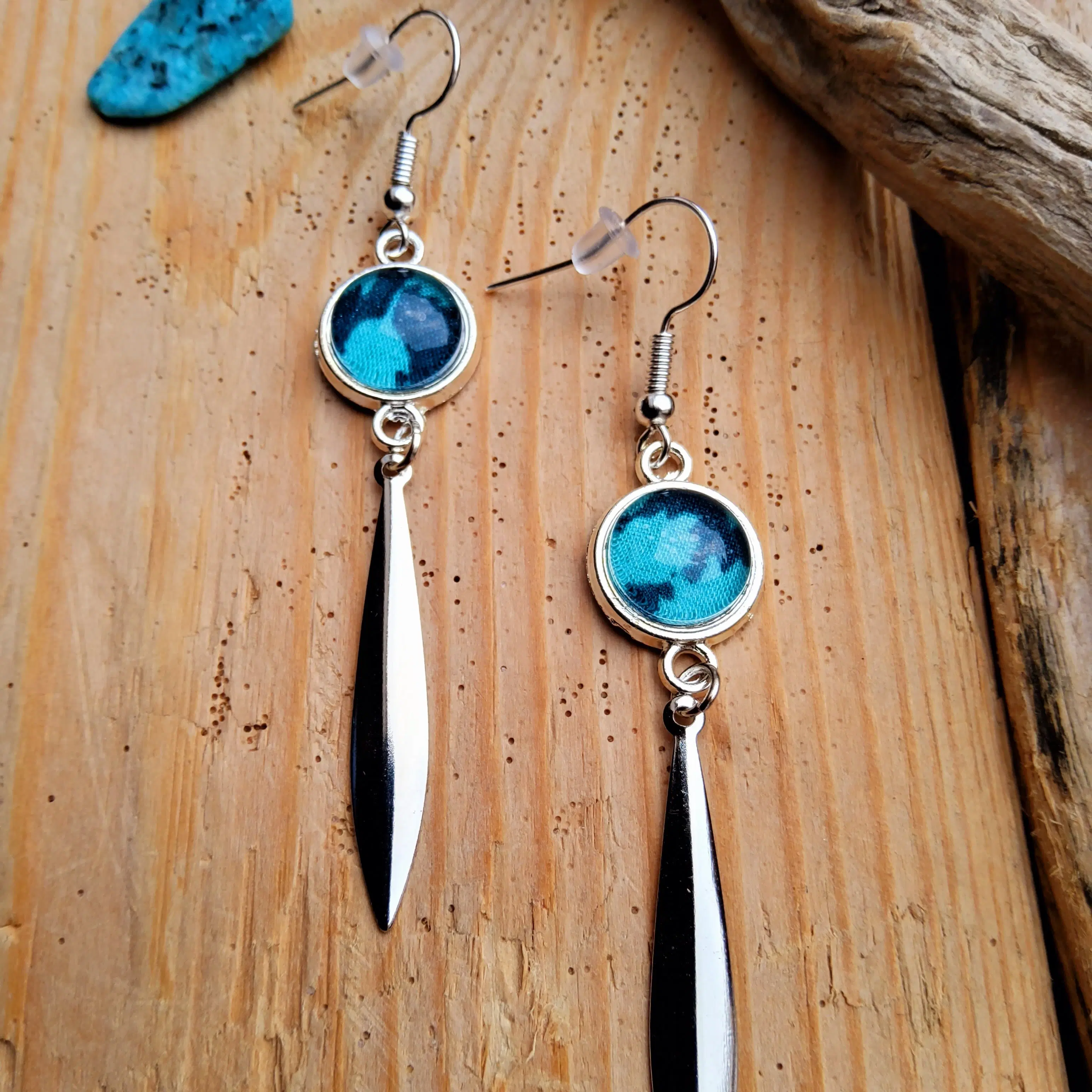 Turquoise blue Jade earrings, Liberty fabric, silver metal