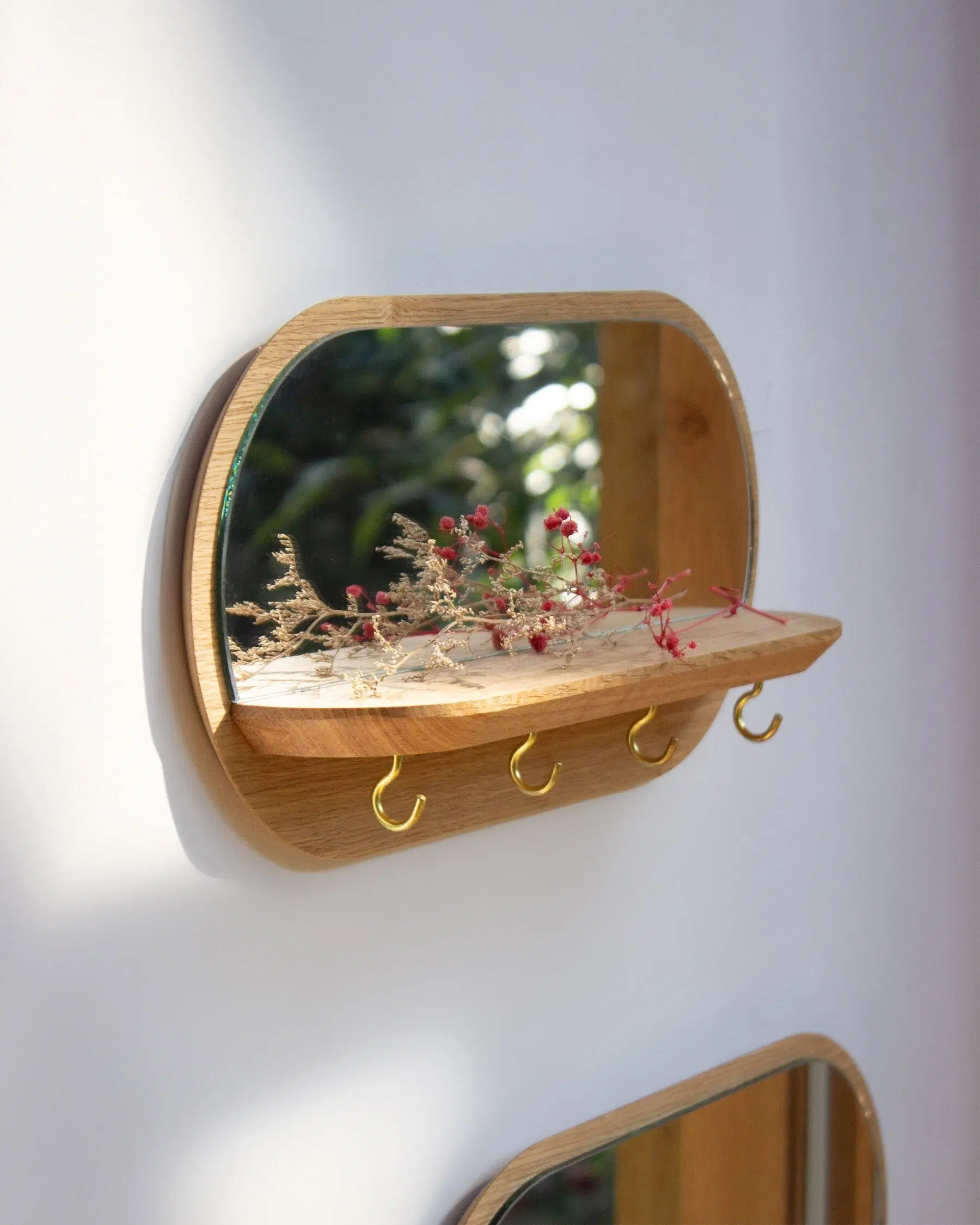 Mini-Mondlichtspiegel (hergestellt in Frankreich) aus Eichenholz - goldene Haken